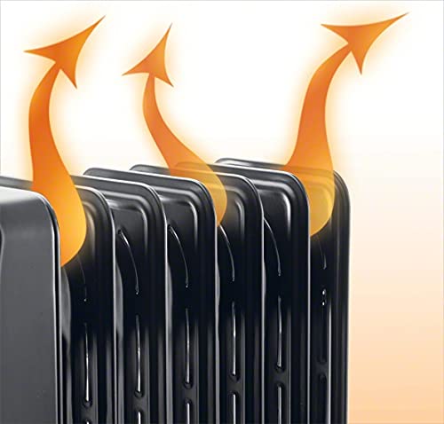 DeLonghi EW7707CBCA 1500W Oil-Filled Radiator Space Heater - Quiet, Adjustable Thermostat, 3 Heat Settings, Energy Efficient, Safety Features, Black - Perfect for Bedroom, Office & Home Heating