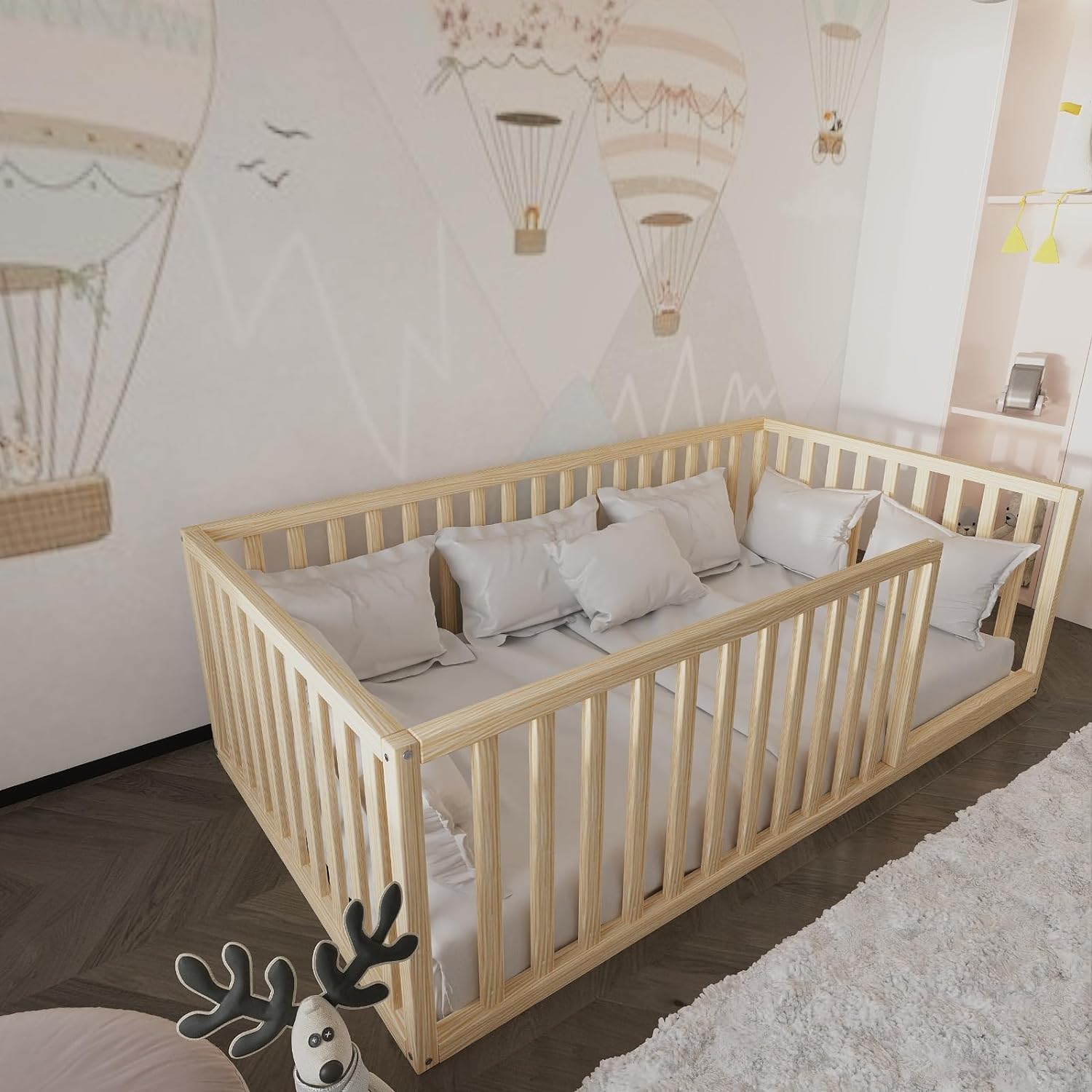 Montessori Floor Bed for Toddlers & Kids 52x27.5 Inches - Solid Pine Wood Baby Bed with Safety Guardrails | Low Profile Crib (17