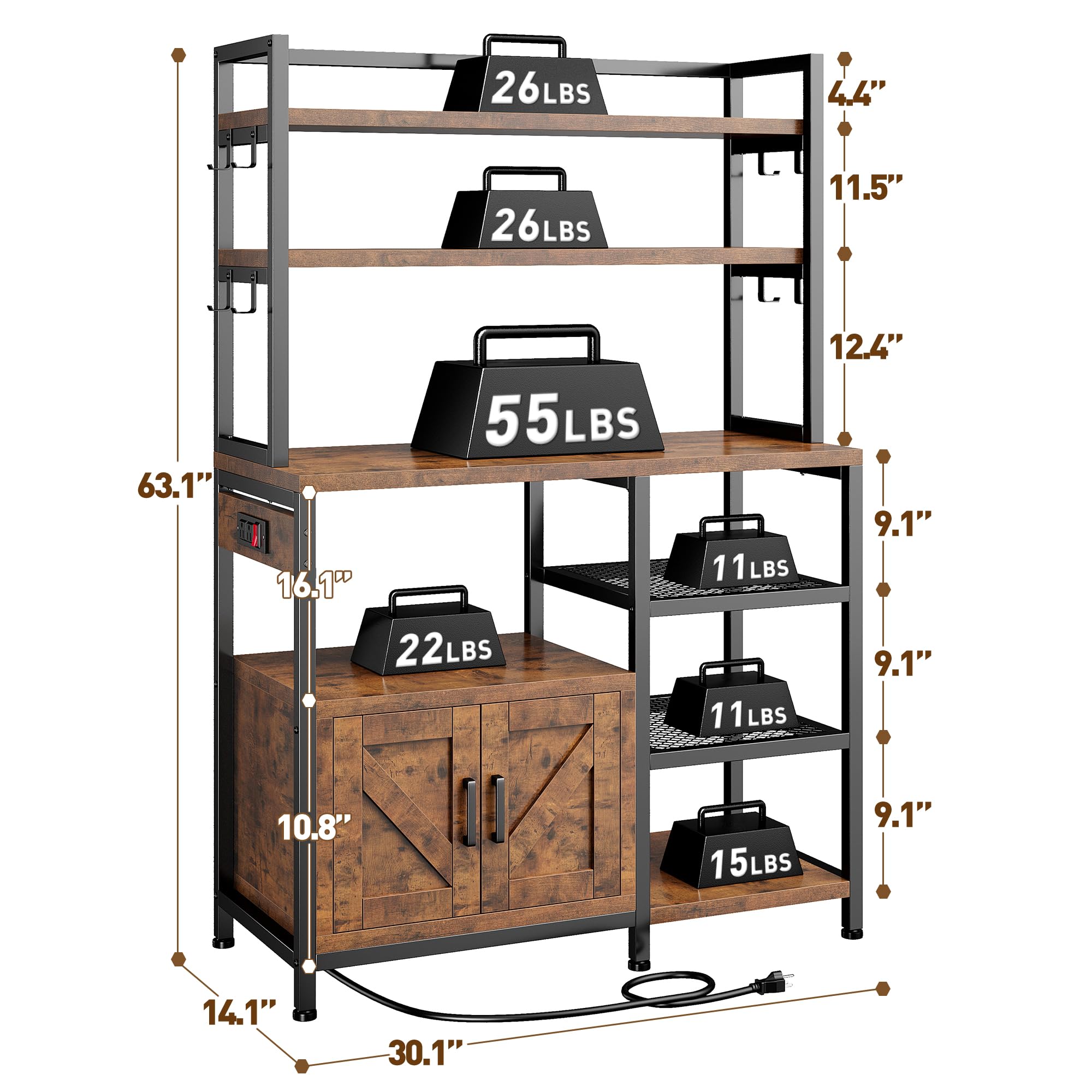 EnHomee 6-Tier Bakers Rack with Power Outlet & Storage Cabinet - Rustic Brown Kitchen Utility Shelf with Side Hooks | Perfect for Coffee Bar, Microwave Stand & Kitchen Organization