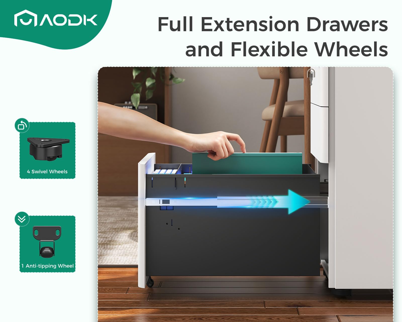 AODK 3-Drawer Rolling File Cabinet with Lock - Fully Assembled Mobile Storage for A4/Legal/Letter Files - White - Perfect for Home Office Organization & Document Management