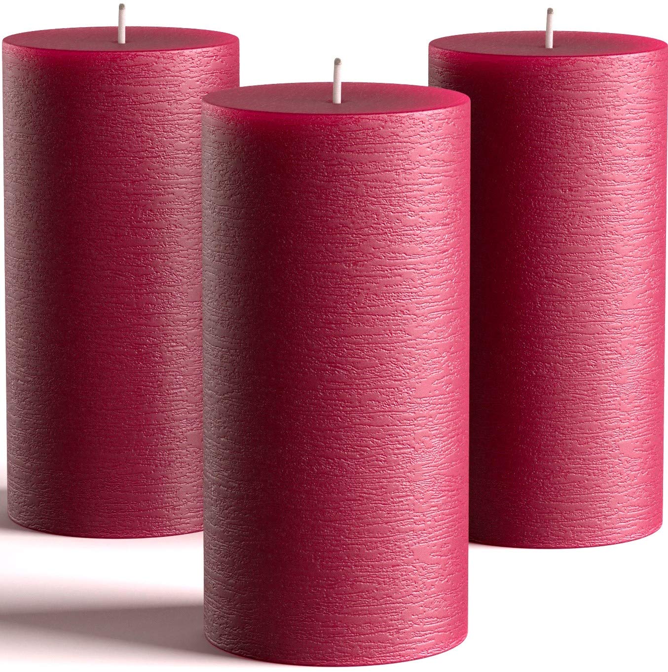 Set of 3 Unscented 3x6 Inch Pillar Candles - Hand-Poured Cotton Wick for Weddings, Home Decor, Restaurants, Spa & Church - Smokeless Burgundy Candles for Romantic Ambiance & Relaxation