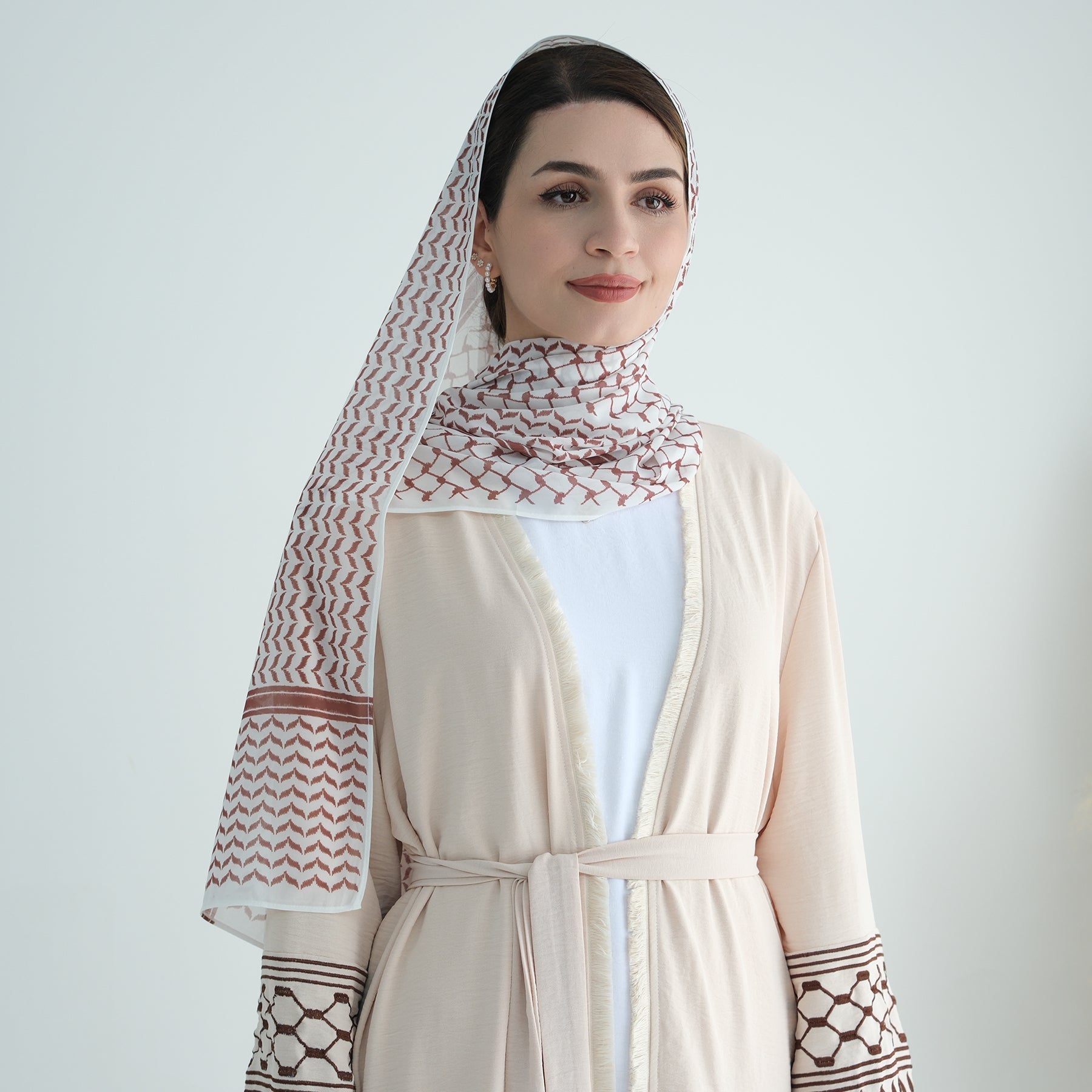 Elegant Kufiya Open Abaya Set in Sand Color - Modest Muslim Prayer Dress for Women - Perfect for Eid, Ramadan & Special Occasions