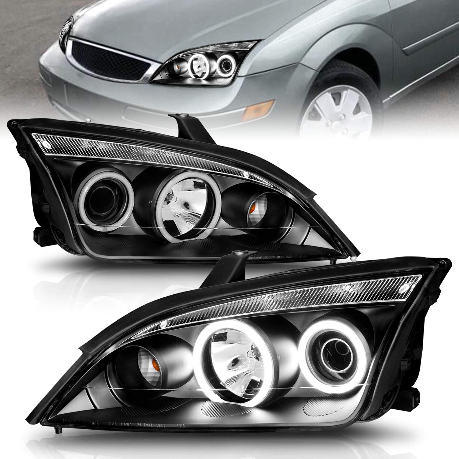 AmeriLite Xtreme LED Halo Projector Headlights - Black Housing for 2005-2007 Ford Focus ZX4 4-Door Sedan (Pair) | High-Intensity Lighting for Night Driving & Enhanced Style