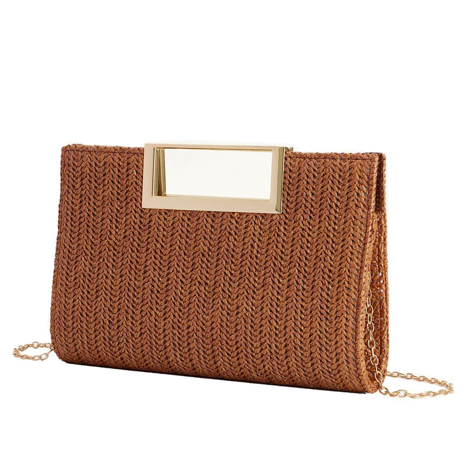 Elegant Straw Clutch Top Handle Purse for Women | Small Evening Bag with Chain Shoulder Strap | Crossbody Wedding Party Purse | Perfect for Bridal Showers, Cocktail Parties & Summer Events