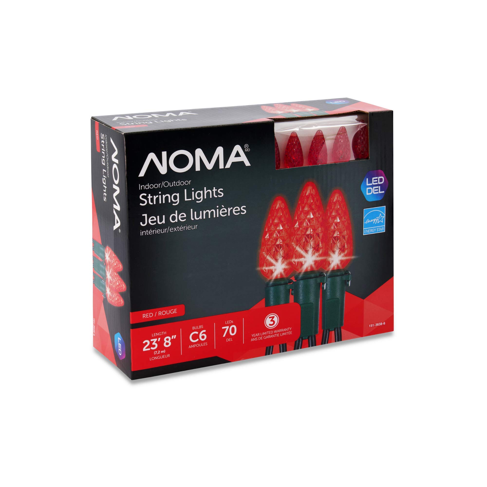 Noma C6 LED Christmas Lights - 70 Red Bulbs, 23.8 Ft String Lights, UL Certified for Indoor & Outdoor Use - Perfect for Holiday Decorations, Tree Trimming, and Festive Home Lighting