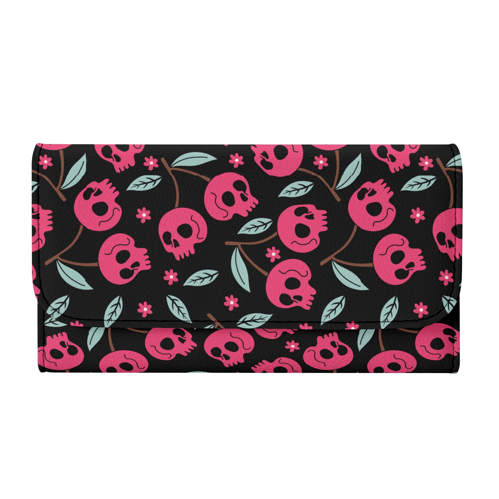 Cherry Skulls Trifold Leather Clutch Wallet for Women - Vintage Style RFID Blocking Credit Card Holder - Perfect for Parties, Concerts & Night Out