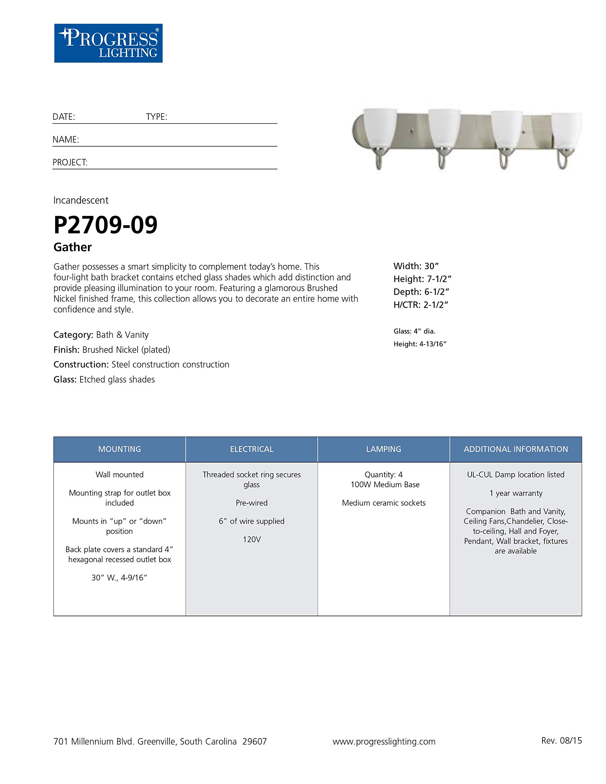 Progress Lighting P2709-09 Gather Bath & Vanity Light Fixture in Brushed Nickel Finish - Perfect for Bathroom Vanity, Powder Room, and Dressing Area Lighting