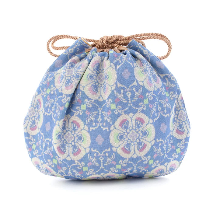 Nishijin Ori Small Drawstring Bag - Japanese Traditional Craft Purse | Kyoto Made Floral Bird Design in Pale Blue | Perfect for Gift, Cosmetics & Jewelry Storage