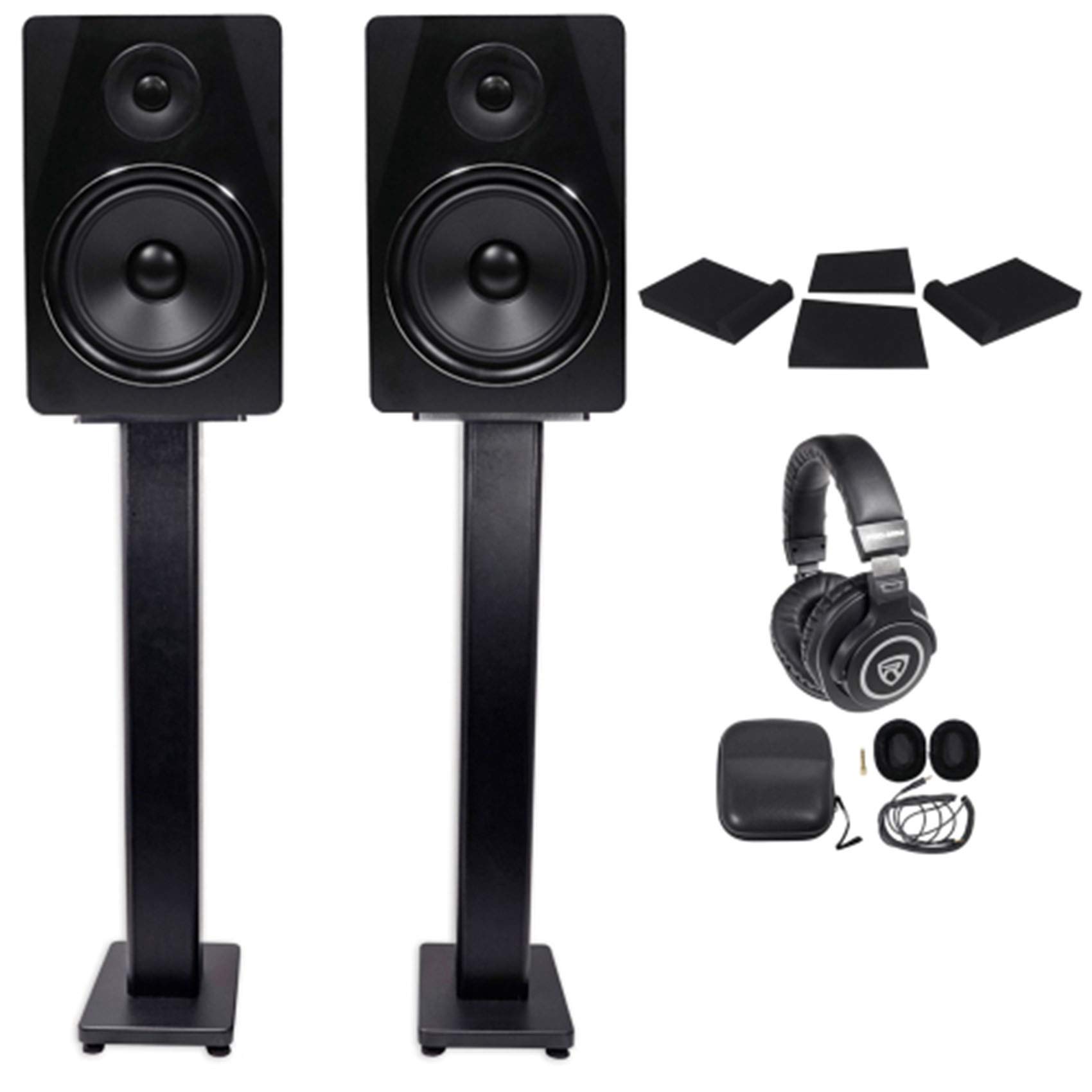 Rockville APM8B 8 Inch 500W Powered Studio Monitor Speakers with Stands, Isolation Pads & Headphones - Professional Audio Setup for Home Recording, DJing, Music Production