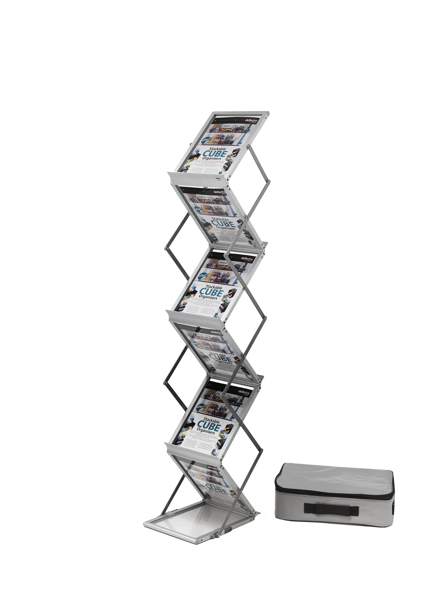 Deflecto Foldable A4 Literature Display Stand - 6 Shelf Portrait Brochure Holder for Exhibitions, Magazines, Flyers - Lightweight Aluminum Frame with Carry Bag | Perfect for Trade Shows, Retail Displays & Office Organization