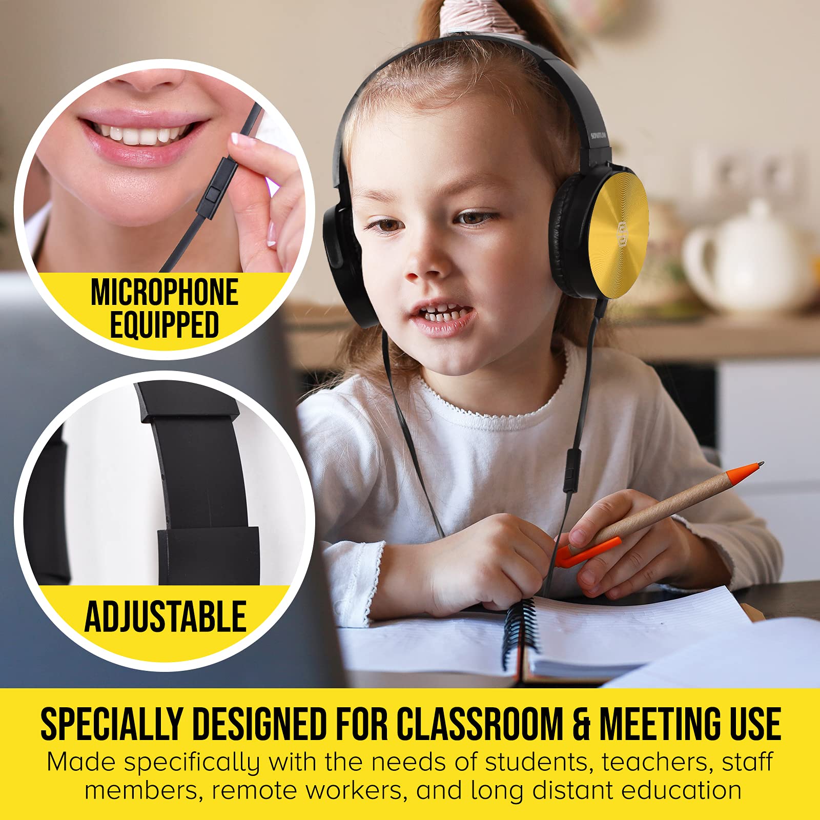 Premium Classroom Headphones with Microphone (5 Pack) - Wired On-Ear Headphones with Mic for Kids & Teachers - Soft Swivel Ear Pads, Durable Design for School Students K-12 - Ideal for E-Learning, Online Classes, Virtual Meetings & Phone Calls (Colorful)