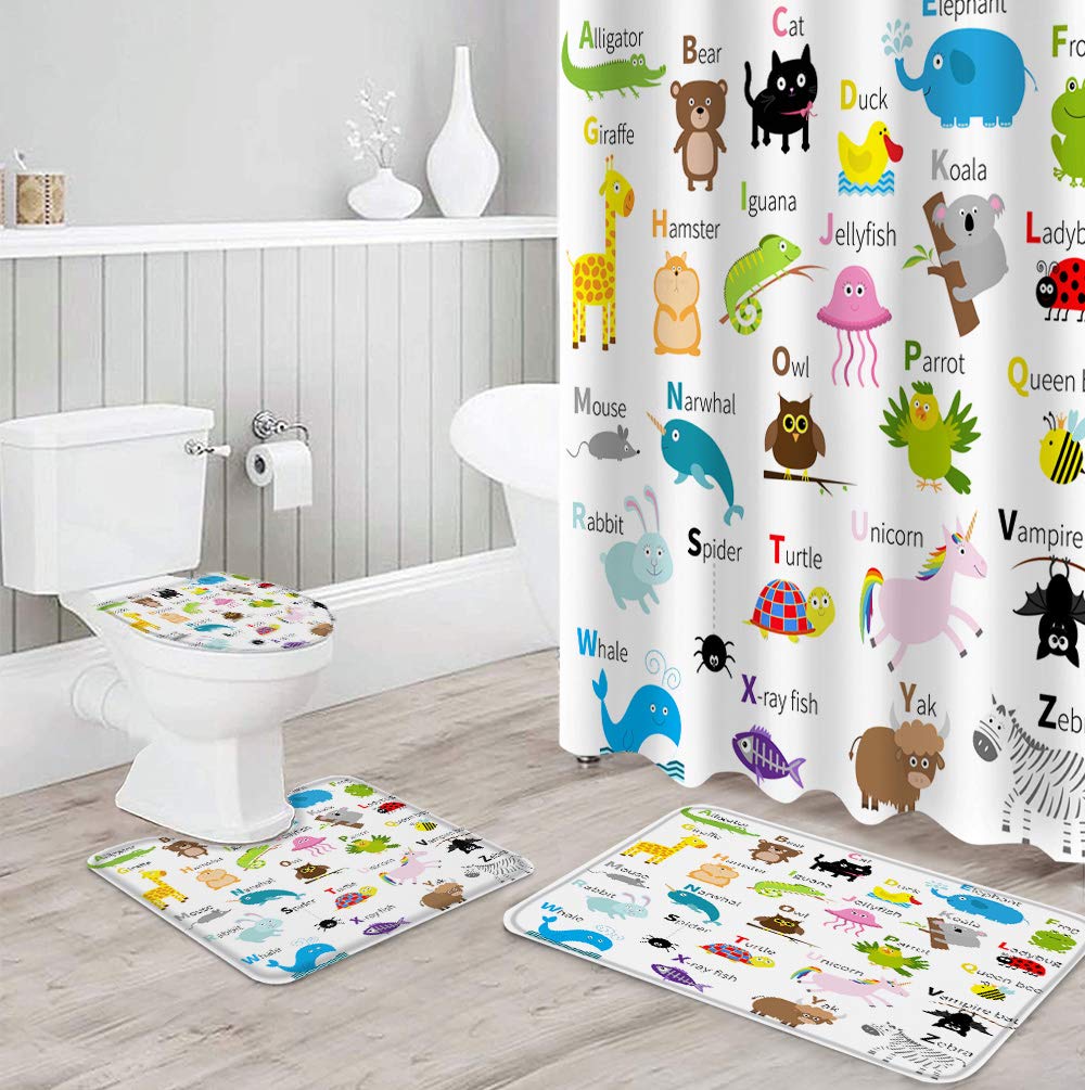 4 Pcs Animal Alphabet Cartoon Shower Curtain Set - Waterproof Bathroom Decor with Non-Slip Rugs, Toilet Lid Cover & Bath Mat - Educational Tool for Kids (36x72 inches) - Perfect for Nursery, Kids' Bathroom & Learning Spaces