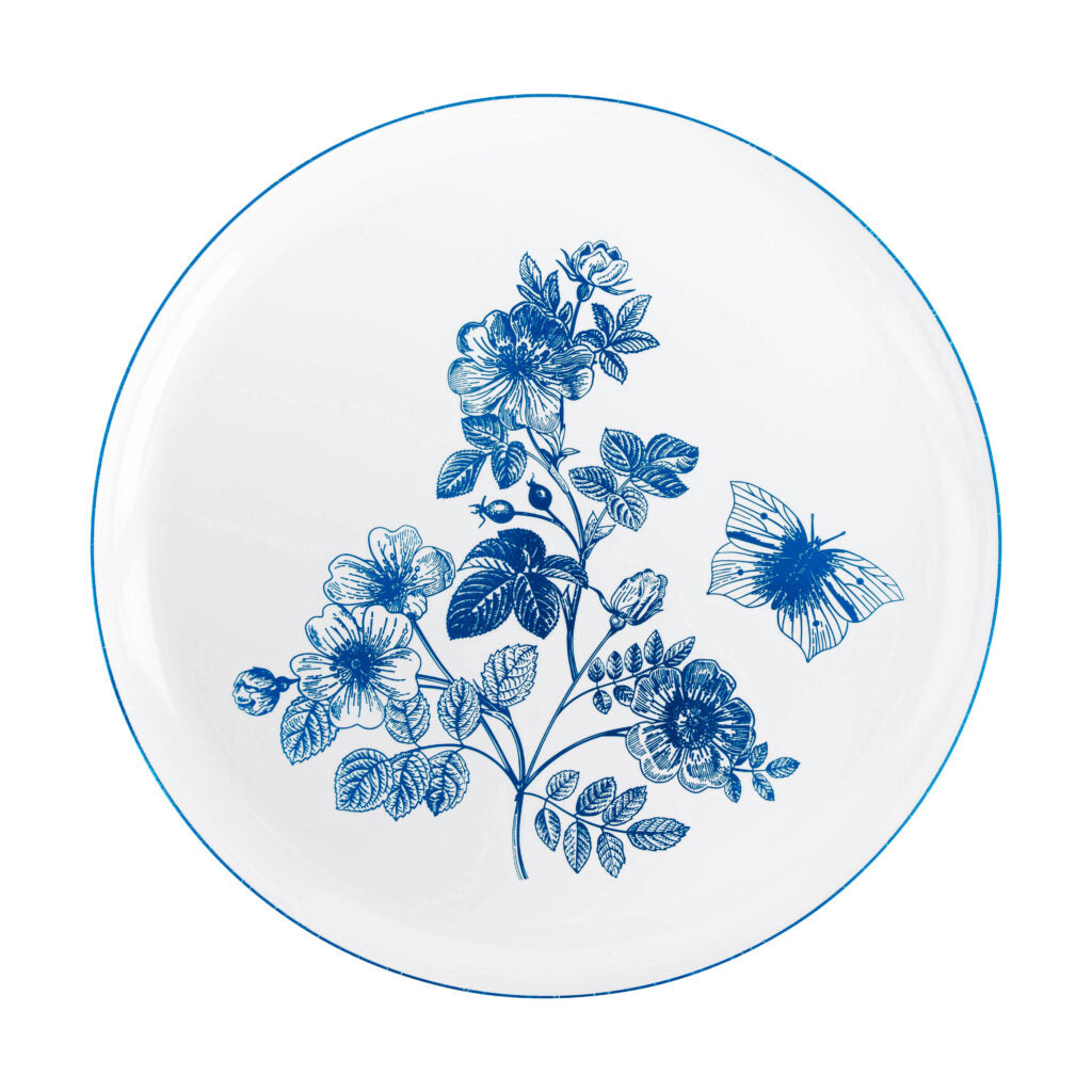 20-Piece White and Blue Round Plastic Dinnerware Set for 10 Guests - Elegant French Toile Design - Perfect for Outdoor Picnics, BBQs, and Party Gatherings
