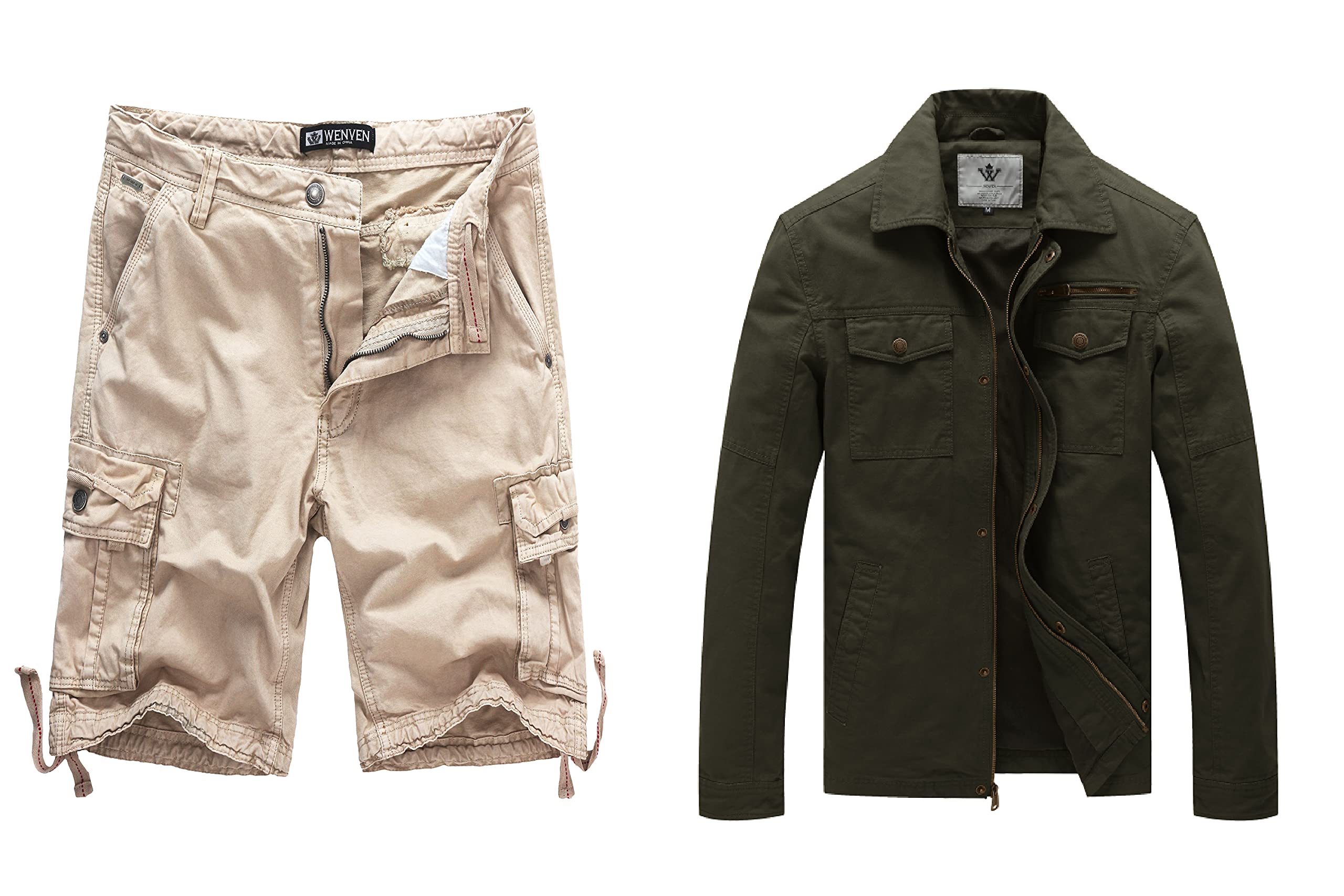 WenVen Men's Cotton Twill Cargo Shorts & Military Lapel Jacket Set - Comfortable Outdoor Workwear for Hiking, Camping, and Casual Wear