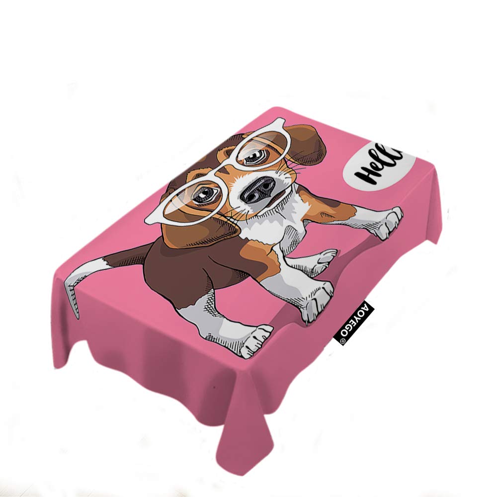 AOYEGO Beagle Dog Tablecloth 60x104 Inch - Adorable Brown Puppy with Sunglasses & Hello Lettering, Polyester Rectangle Table Cover for Indoor Outdoor Picnic, Party, Dinner - Perfect for BBQ, Birthday Celebrations & Family Gatherings
