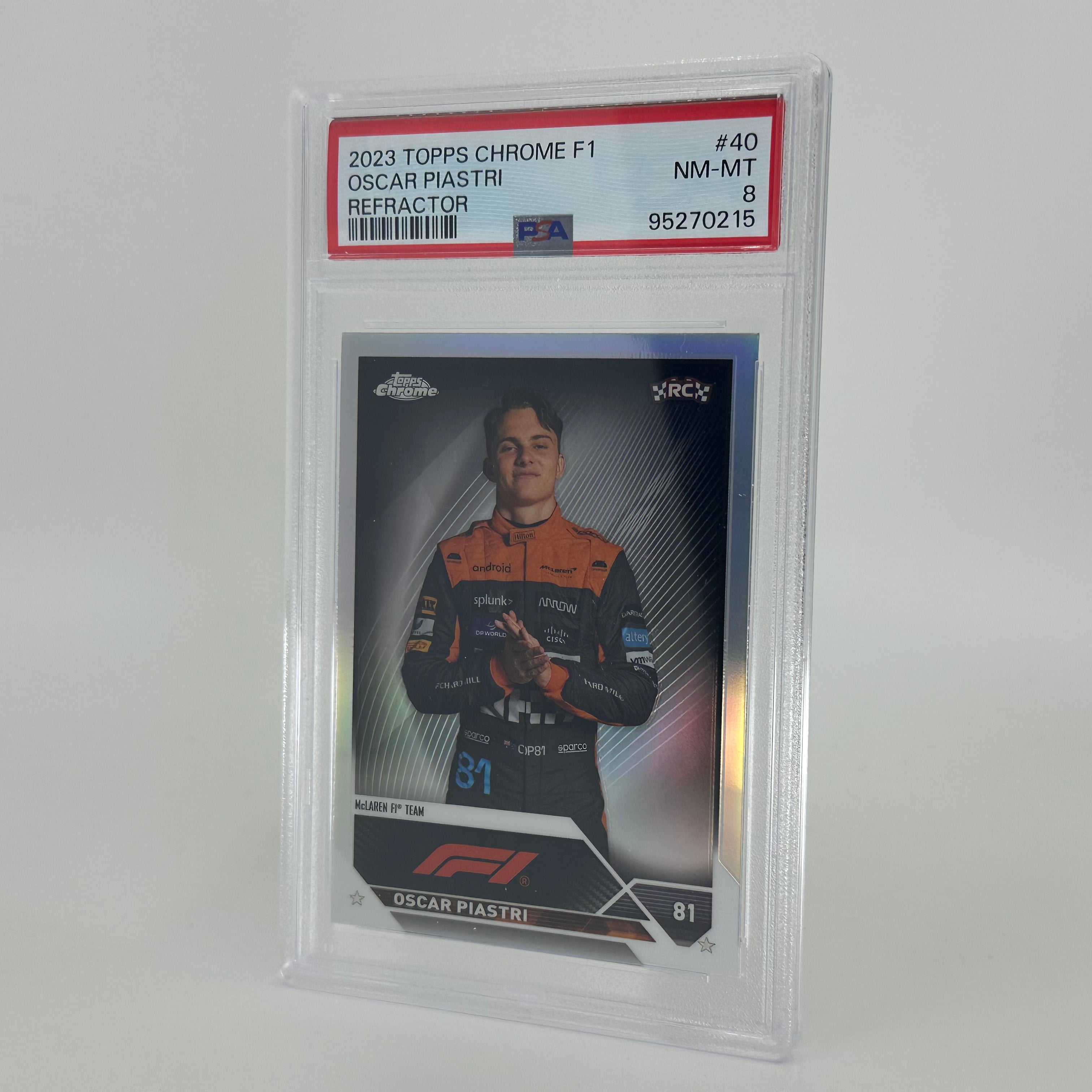 2023 Topps Chrome Oscar Piastri #40 Rookie Refractor Card PSA 8 - Perfect for Collectors, Sports Memorabilia Enthusiasts, and F1 Racing Fans