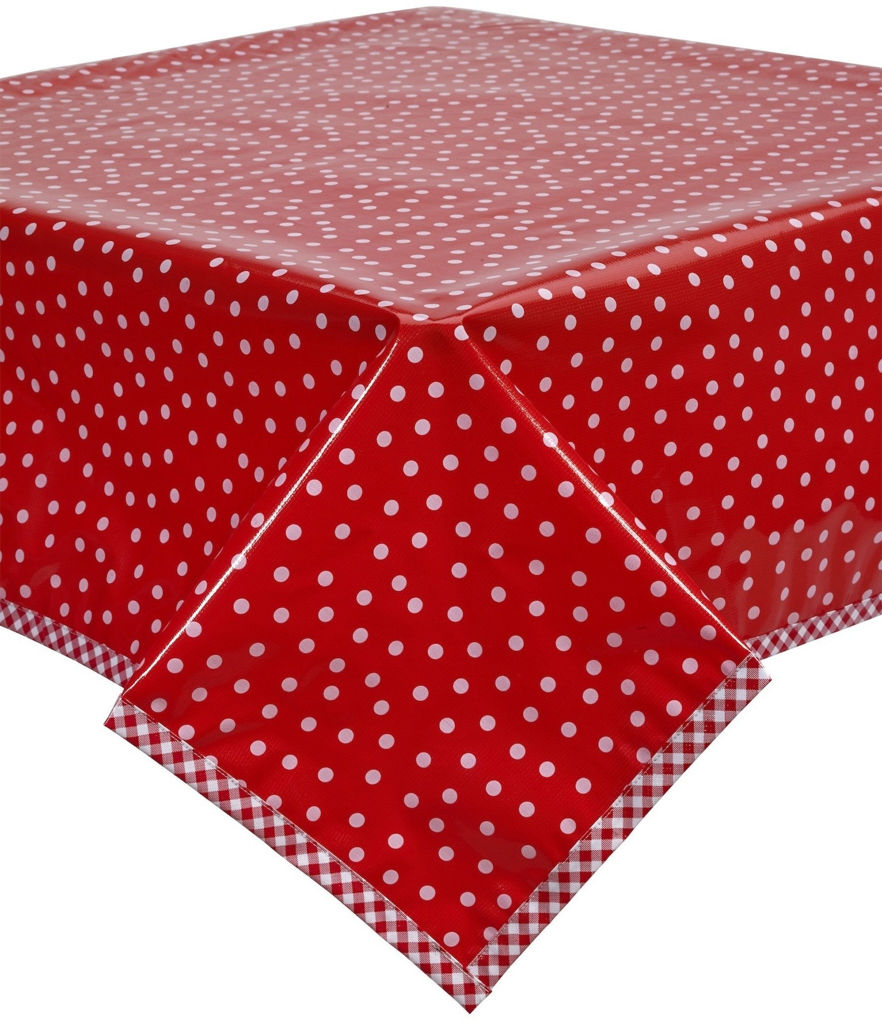 Red Oilcloth Tablecloth with White Dots & Gingham Trim - Waterproof & Washable - Perfect for Picnics, Outdoor Dining & Kitchen Decor (Multiple Sizes Available)