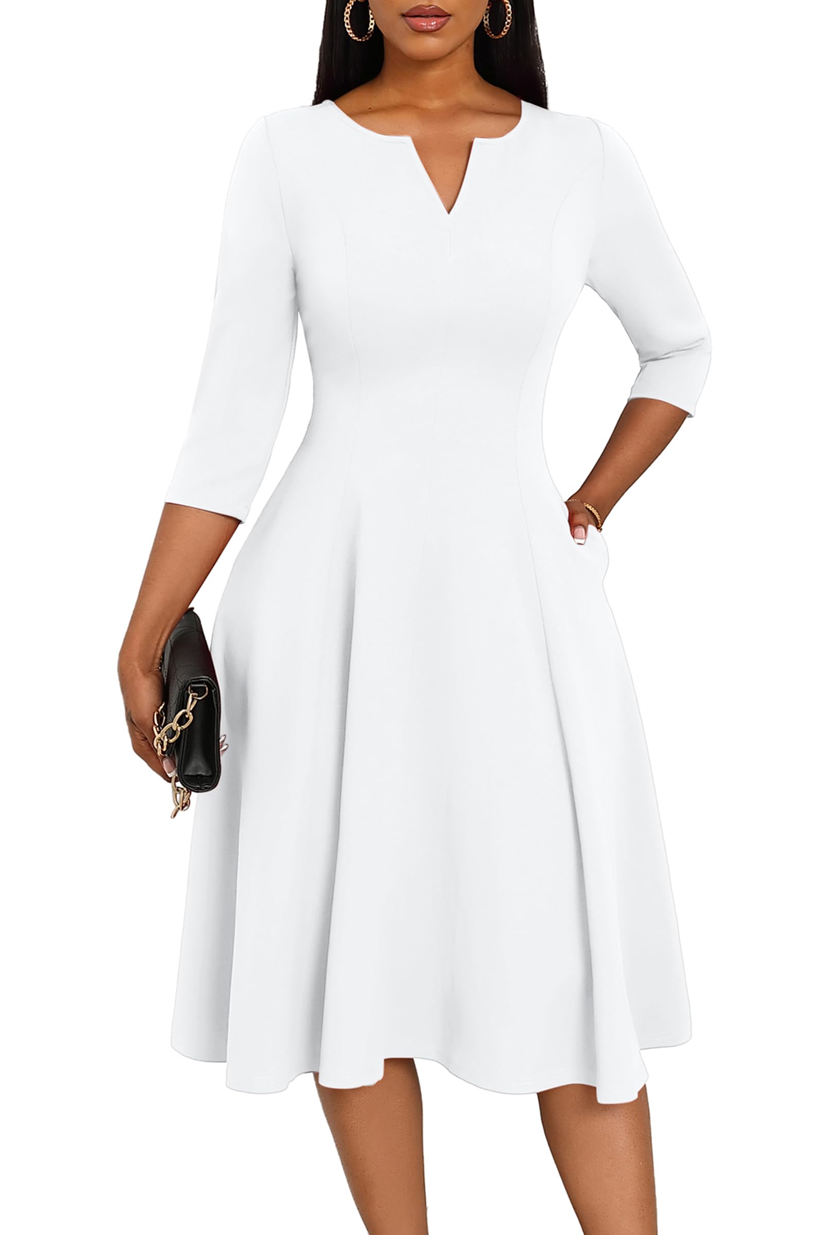 Stylish Nmoder Midi Dresses for Women - A-Line Fit & Flare Cocktail Dress with 3/4 Sleeves & V-Neck | Perfect for Wedding Guest, Office Work & Special Occasions | Features Convenient Pockets