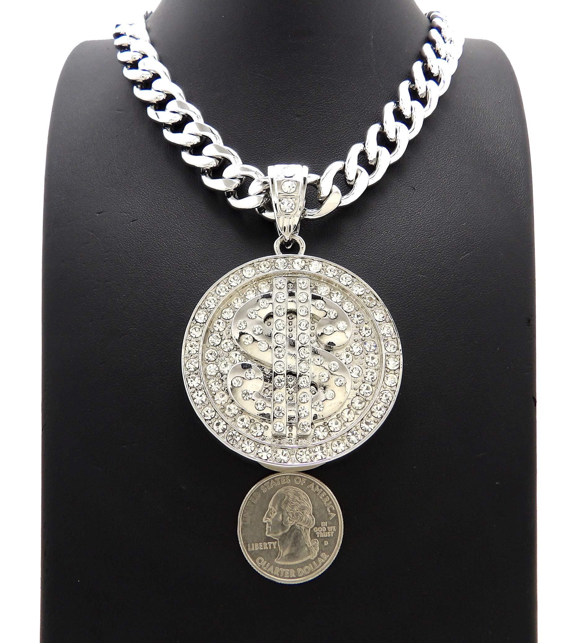 Hip Hop Rhinestone Dollar Sign Pendant with Cuban Chain - Silver Tone for Men's Jewelry & Streetwear