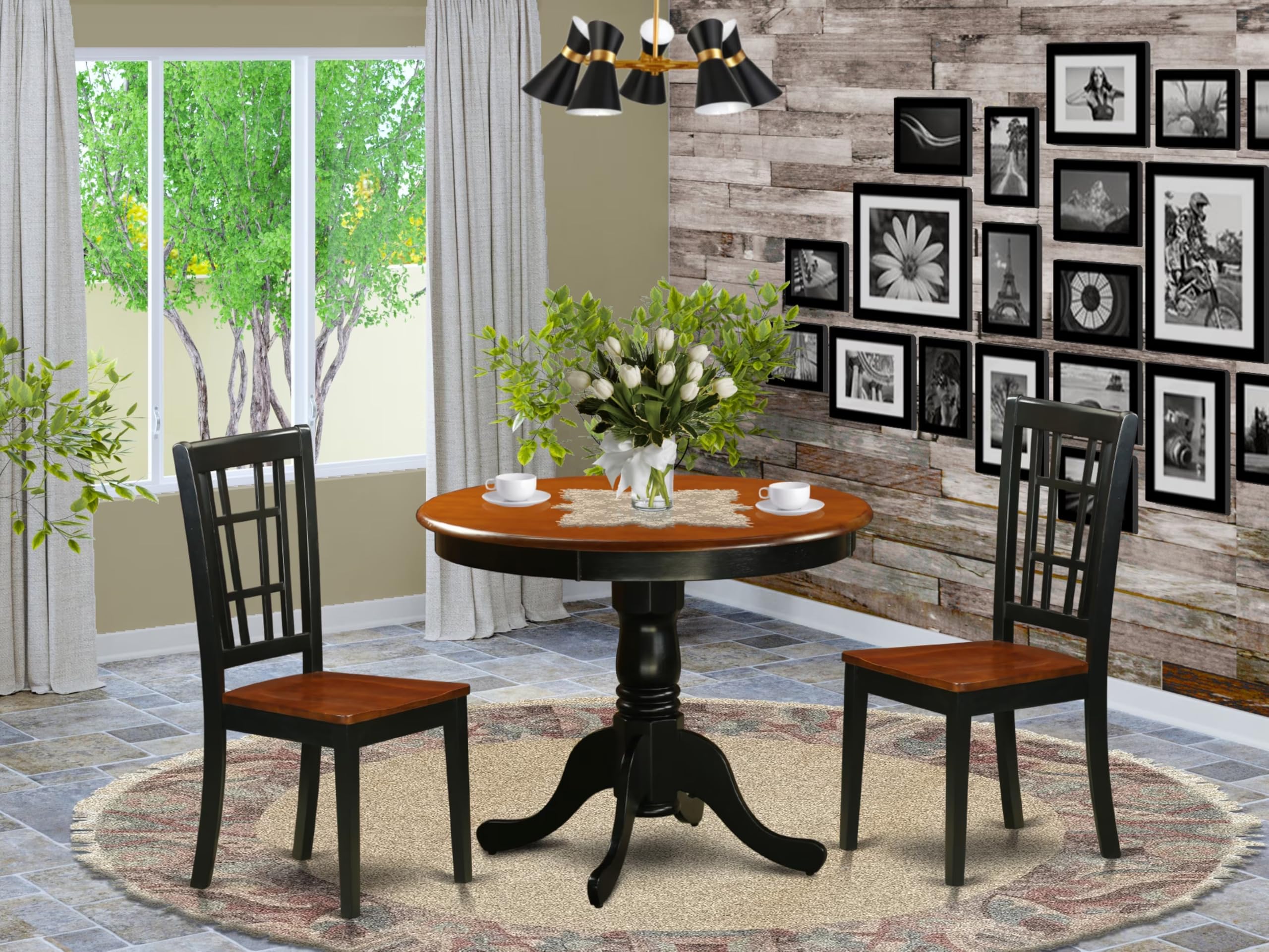 East West Furniture ANNI3-BLK-W 3-Piece Modern Dining Table Set - 36x36 Inch Round Kitchen Table with Pedestal Base & 2 Upholstered Chairs in Black & Cherry Finish - Perfect for Small Spaces, Breakfast Nooks, and Contemporary Dining Rooms