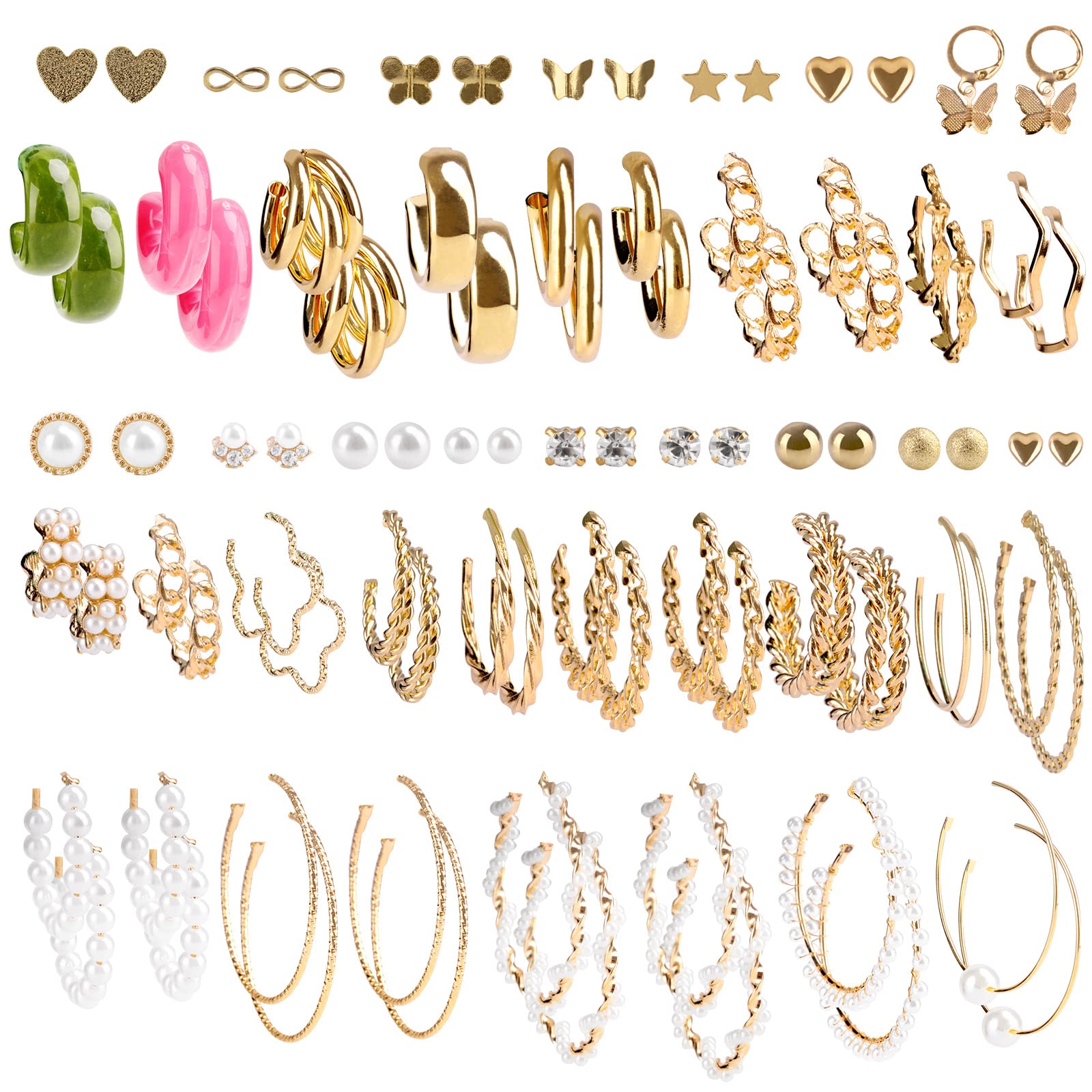 44 Pairs Gold Hoop Earrings Set for Women & Girls - Hypoallergenic Fashion Jewelry Gift Pack with Pearl Studs & Chunky Hoops | Perfect for Birthday, Christmas, Party & Everyday Wear