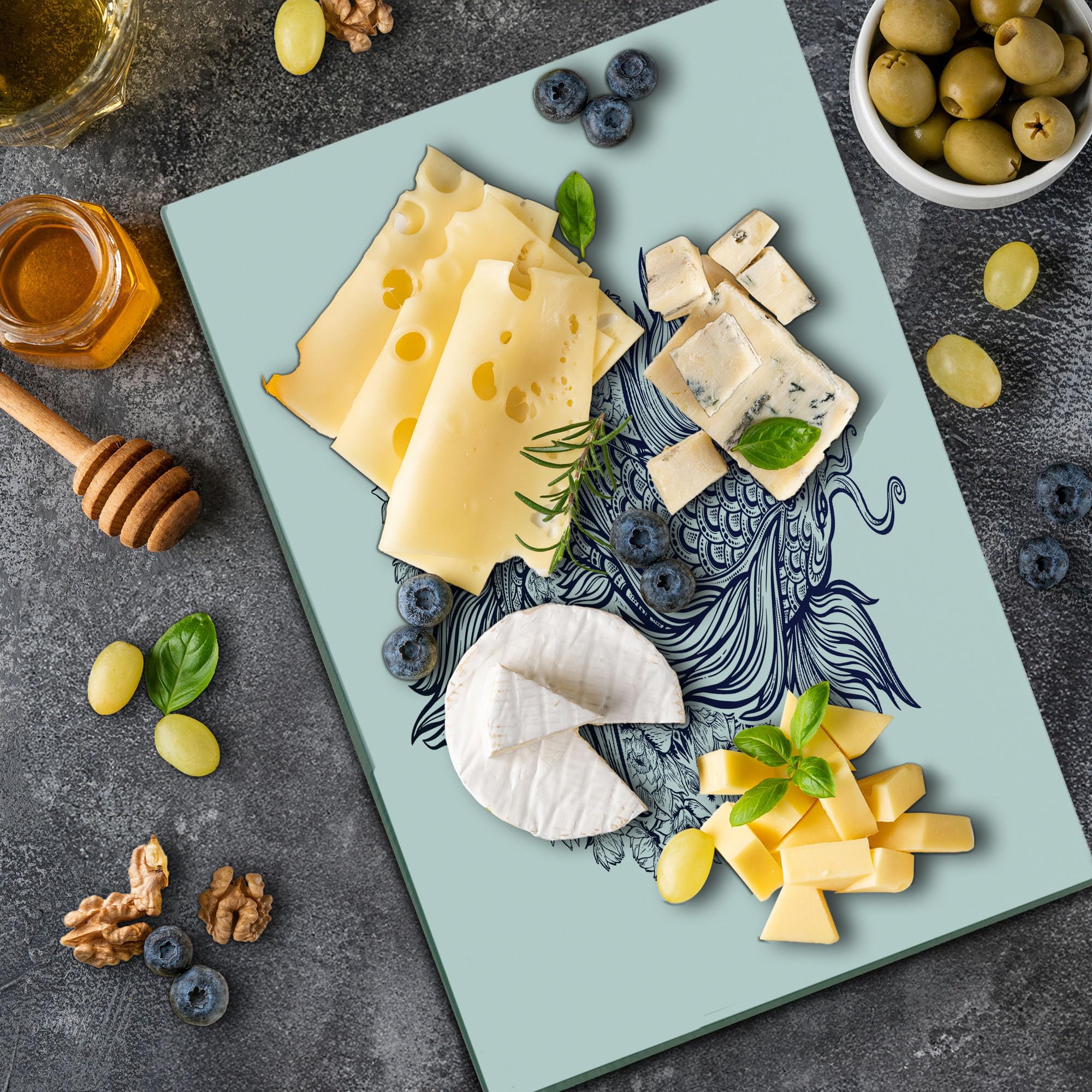 Ambesonne Koi Fish Tempered Glass Cutting Board - Hand-Painted Dark Blue Koi Carp & Lotus Mandala Design - Large Decorative Serving Board in Indigo & White - Perfect for Sushi Preparation, Charcuterie Display & Kitchen Decor
