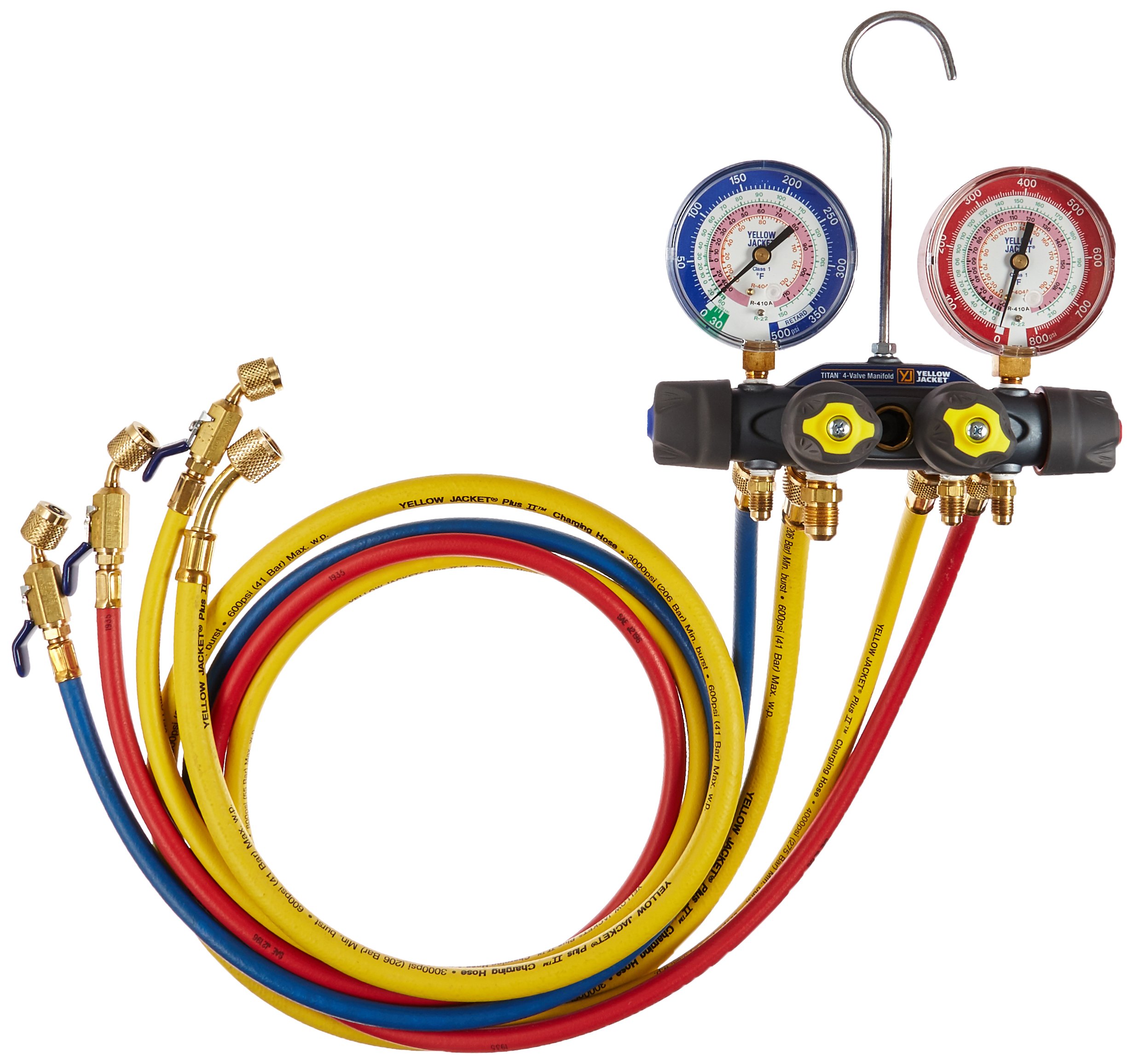 Yellow Jacket 49968 HVAC Charging Manifold Gauge Set - Professional Red/Blue Dual Port Refrigerant Manifold for AC Repair & Maintenance | Ideal for HVAC Technicians, Auto Mechanics & DIY Home Cooling System Service