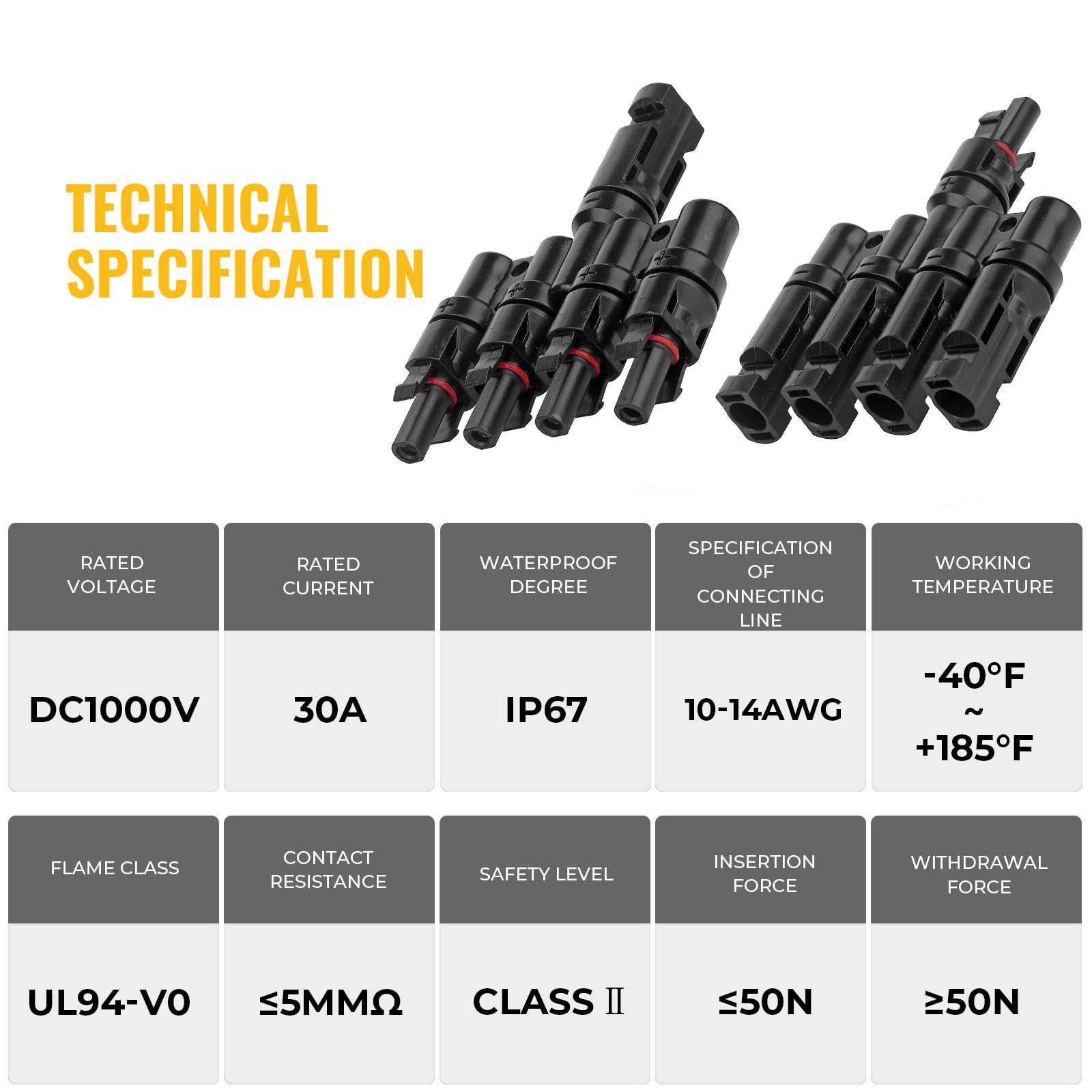 4-in-1 Waterproof T Branch Solar PV Panel Connector - Male & Female MC4 Cable Connectors for Solar Panel Wiring & Parallel Connections - Ideal for RV, Off-Grid & Home Solar Systems