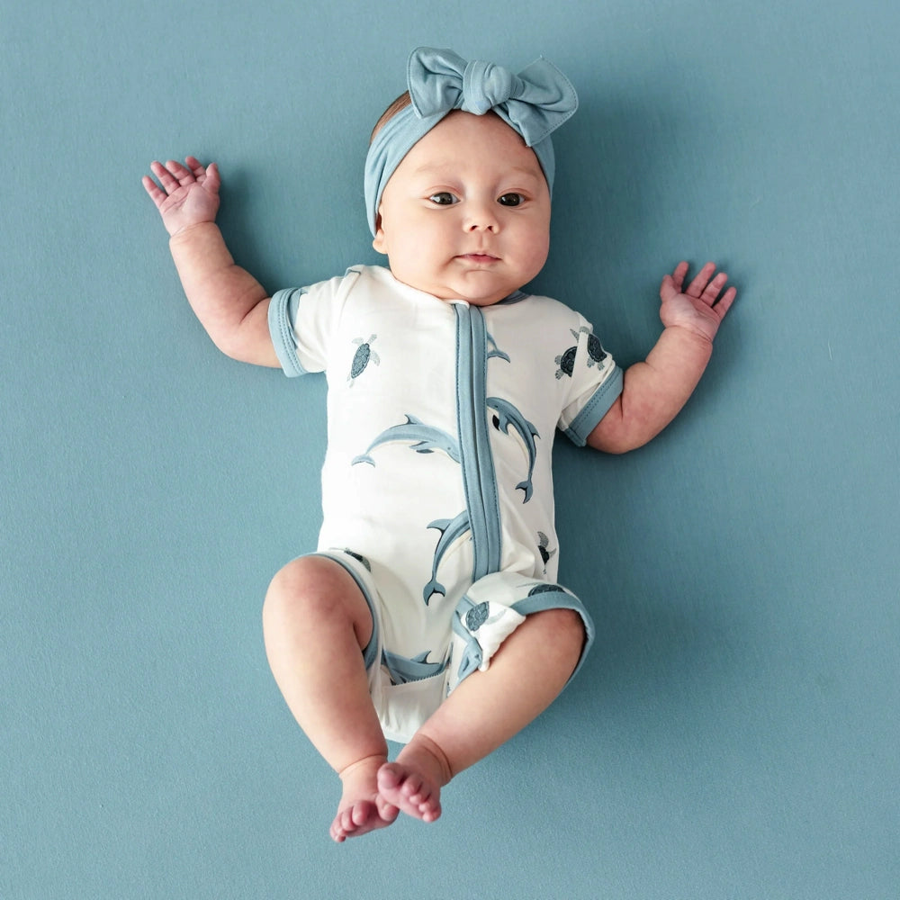 Kyte Baby Zipper Shortall Romper - Soft Organic Cotton Baby Jumpsuit with Easy Zipper (Dolphin Blue) | Perfect for Playdates, Daycare & Summer Outfits