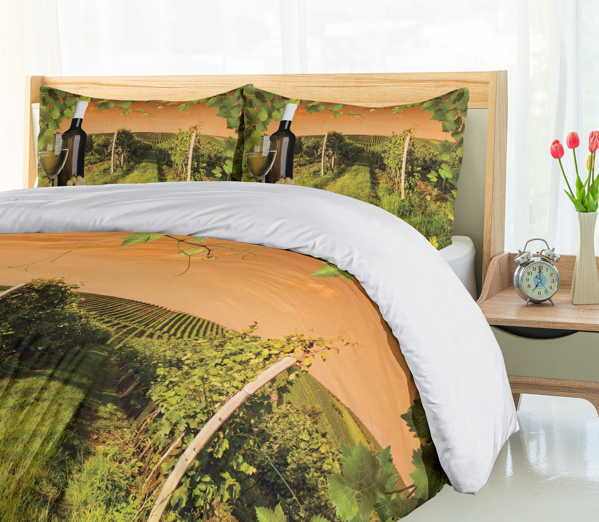 Ambesonne Winery Duvet Cover Set - Wine Bottle & Glass with Sunset Vineyard Countryside Design, Romantic 3-Piece Bedding Set with 2 Pillow Shams, California King Size in Green & Orange - Perfect for Wine Lovers' Bedrooms & Vineyard-Themed Home Decor