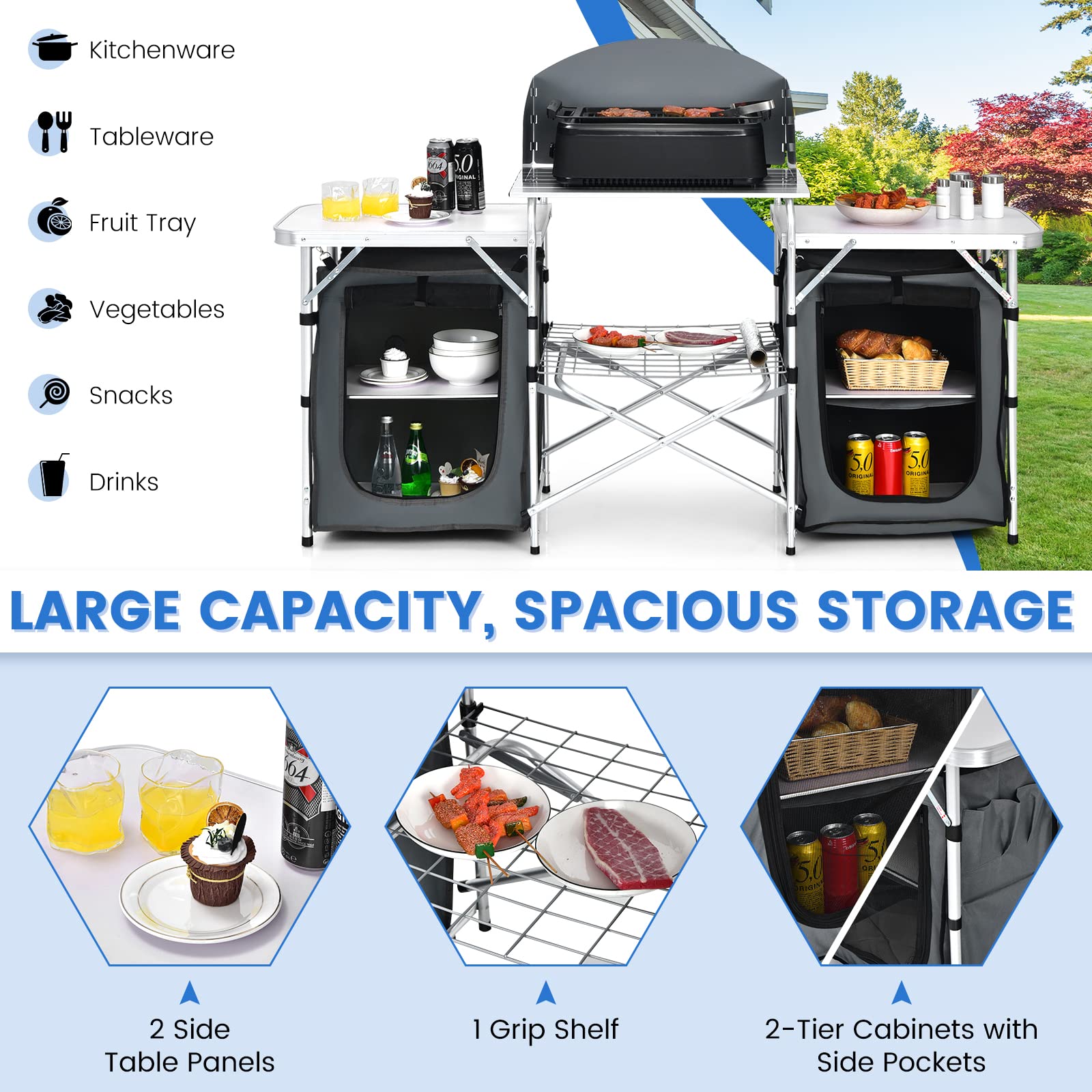 Tangkula 2-Tier Aluminum Folding Camping Table with Windscreen - Portable Outdoor Cooking Station with Storage Shelves & Carry Bag - Perfect for Camping, Picnics, BBQs, Beach Parties & Tailgating
