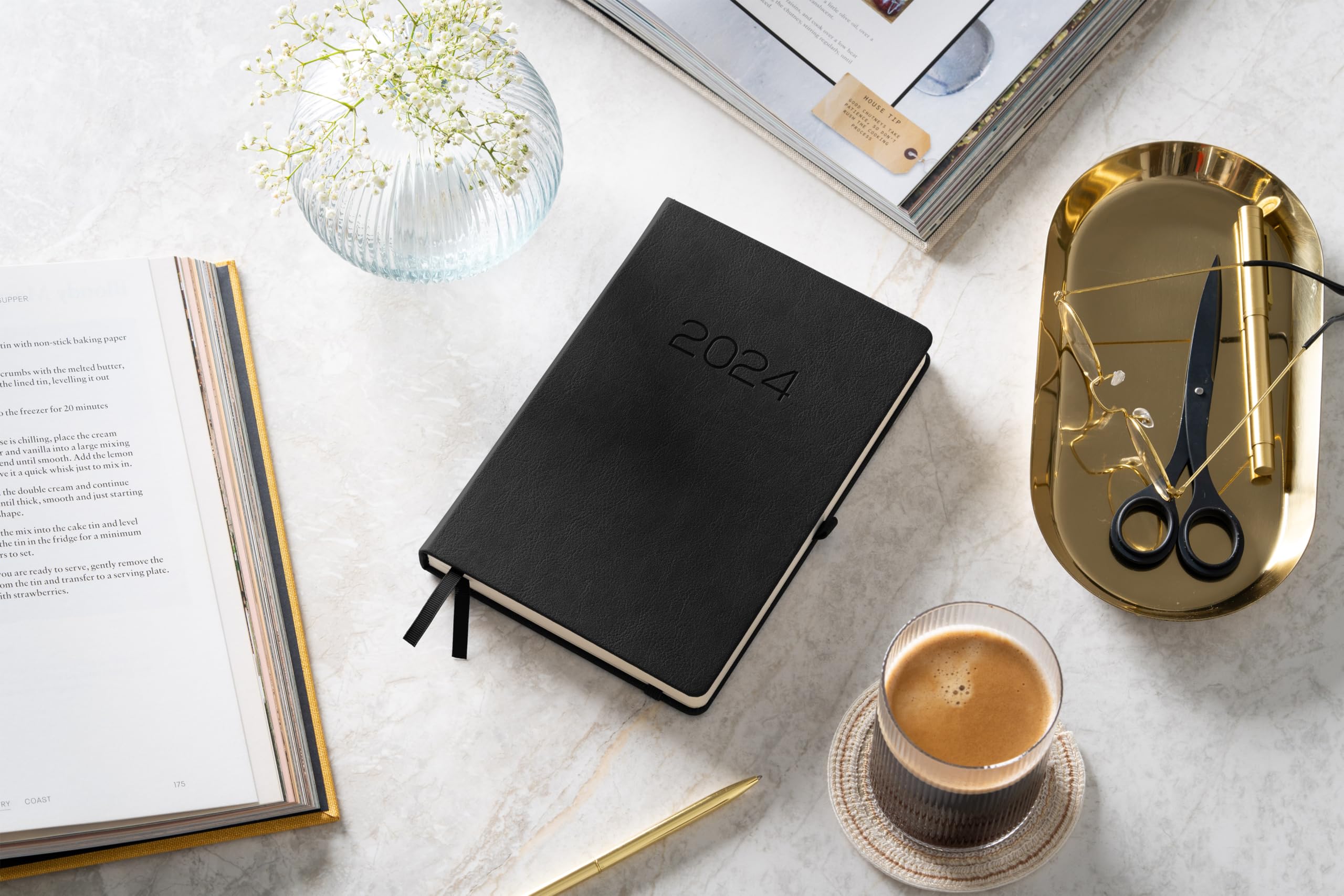 Beechmore Books 2025 Premium A5 Planner - Black Vegan Leather Hardcover Journal with 120gsm Thick Paper | Yearly & Monthly Views, Goal Setting, Appointment Scheduling | Perfect for Work, School & Personal Organization | Gift Box Included