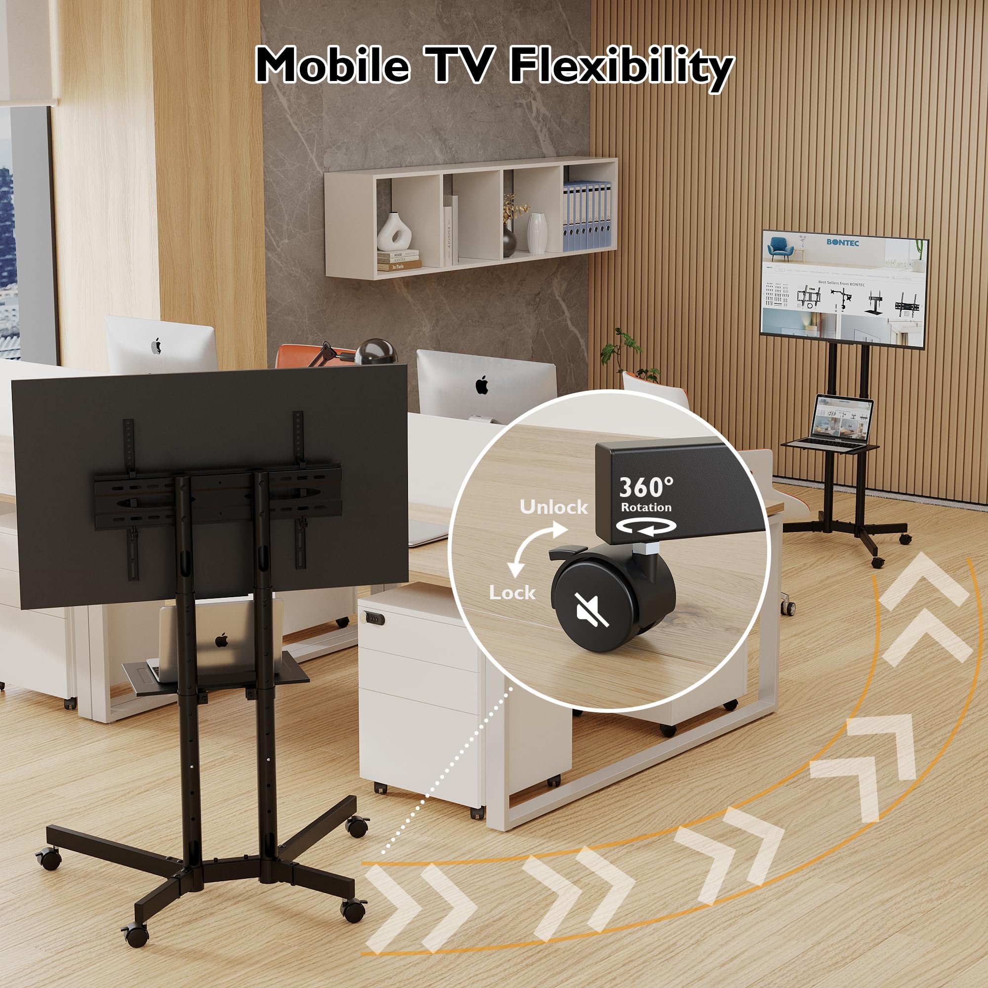 BONTEC Mobile TV Cart with Locking Wheels - Adjustable Height TV Stand for 32-85 Inch LED, LCD, OLED Flat & Curved Screens - Includes Laptop Shelf, Supports 121lbs & VESA 600x400mm - Perfect for Living Room, Bedroom, Office or Classroom (Black)