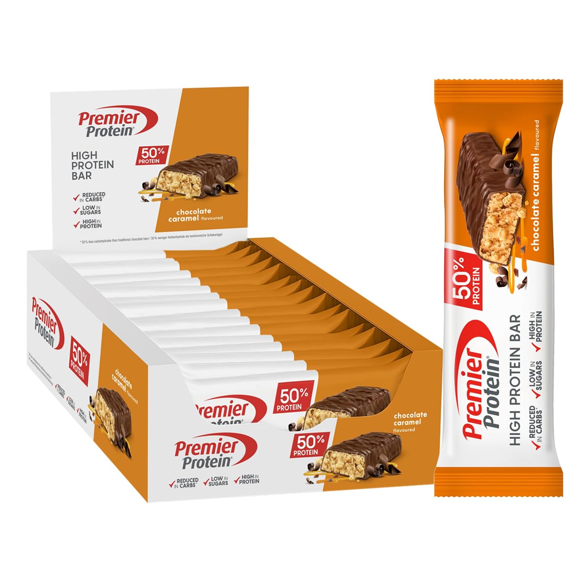 Premier Protein High Protein Bar Chocolate Caramel 16 Pack (40g Each) - Low Sugar, Palm Oil Free Protein Snack for Workout Recovery & Healthy On-the-Go Nutrition