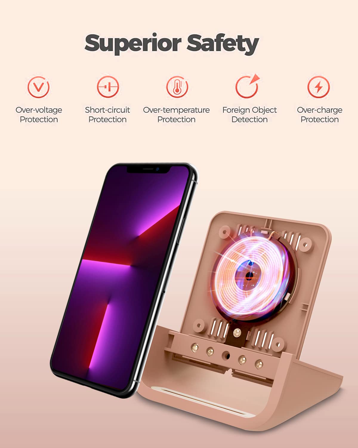 YUWISS Wireless Charging Stand - 10W/7.5W/5W Fast Qi-Certified Charger for iPhone 14/13/12/11/X Series & Galaxy S22/S21/S9/S8/Note - Rose Gold | Perfect for Bedside, Office & Car Charging