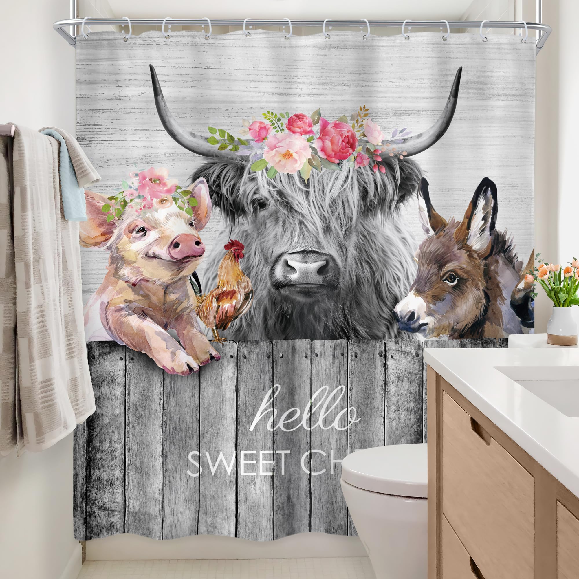 Highland Cow Farm Animals Shower Curtain - Cute Cow, Chicken & Pig with Flowers Design - Waterproof Bathroom Decor (60x72 Inches) for Western Farmhouse & Rustic Style Bathrooms - Perfect for Country Themed Homes and Guest Baths