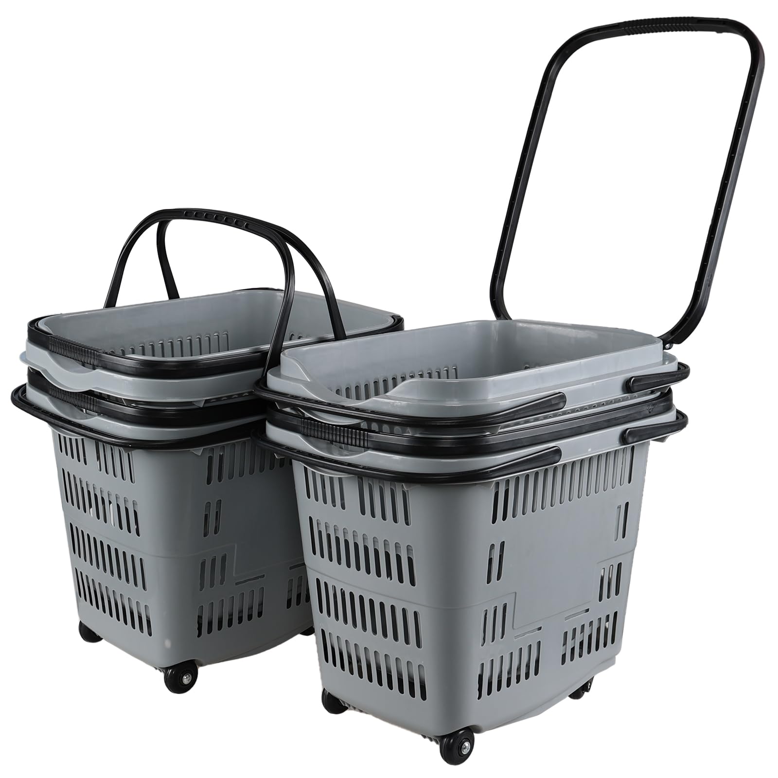 Kiddream 4 Pack Large Rolling Shopping Basket with Wheels - Portable Plastic Grocery Cart for Supermarkets, Malls & Home Storage - Grey