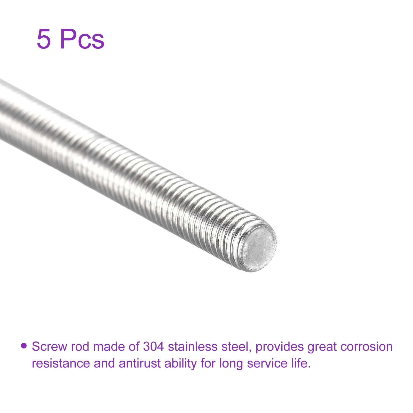304 Stainless Steel M5 x 190mm Threaded Rods - 5 Pack for DIY & Construction