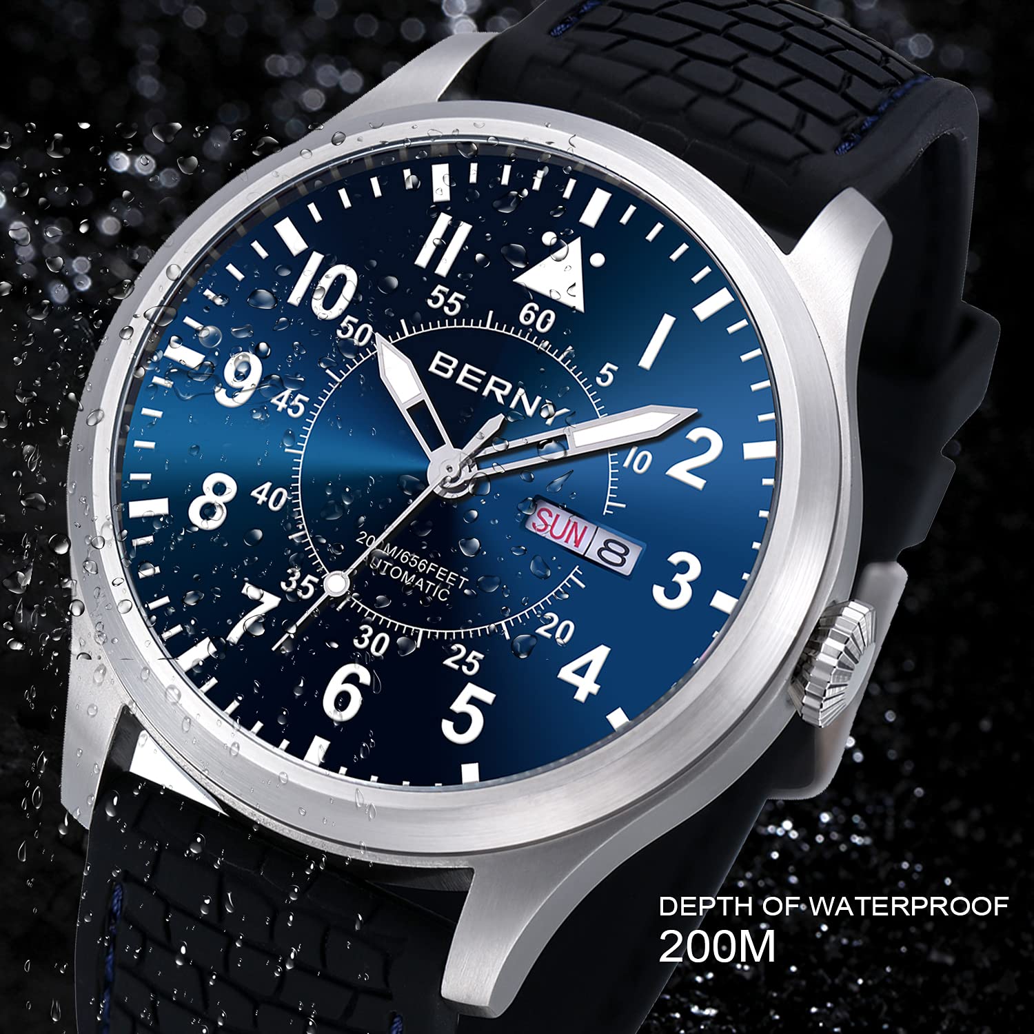 BERNY Men's Automatic Self-Winding Mechanical Watch - 20ATM Waterproof, Sapphire Crystal Glass, Super Luminous, Oversized Dial (No Battery Needed) - Perfect for Business, Diving & Outdoor Activities