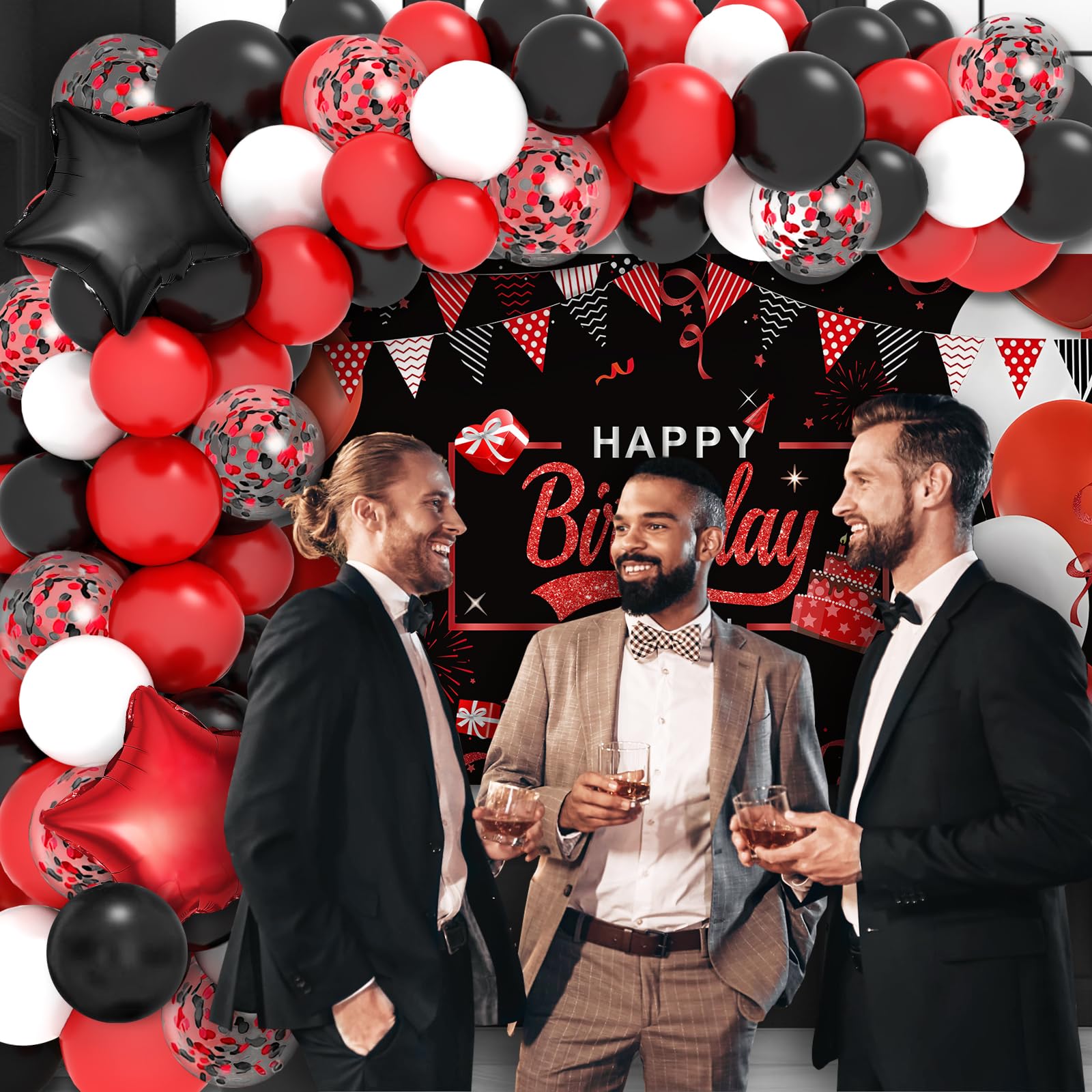 Red and Black Birthday Party Decorations Kit for Men, Women, Boys & Girls - Includes Balloon Arch, Garland, Happy Birthday Backdrop, Star Foil Balloons, Cake Toppers & Tablecloth | Perfect for Adult Birthday Parties, Gender Reveals & Anniversary Celebrations
