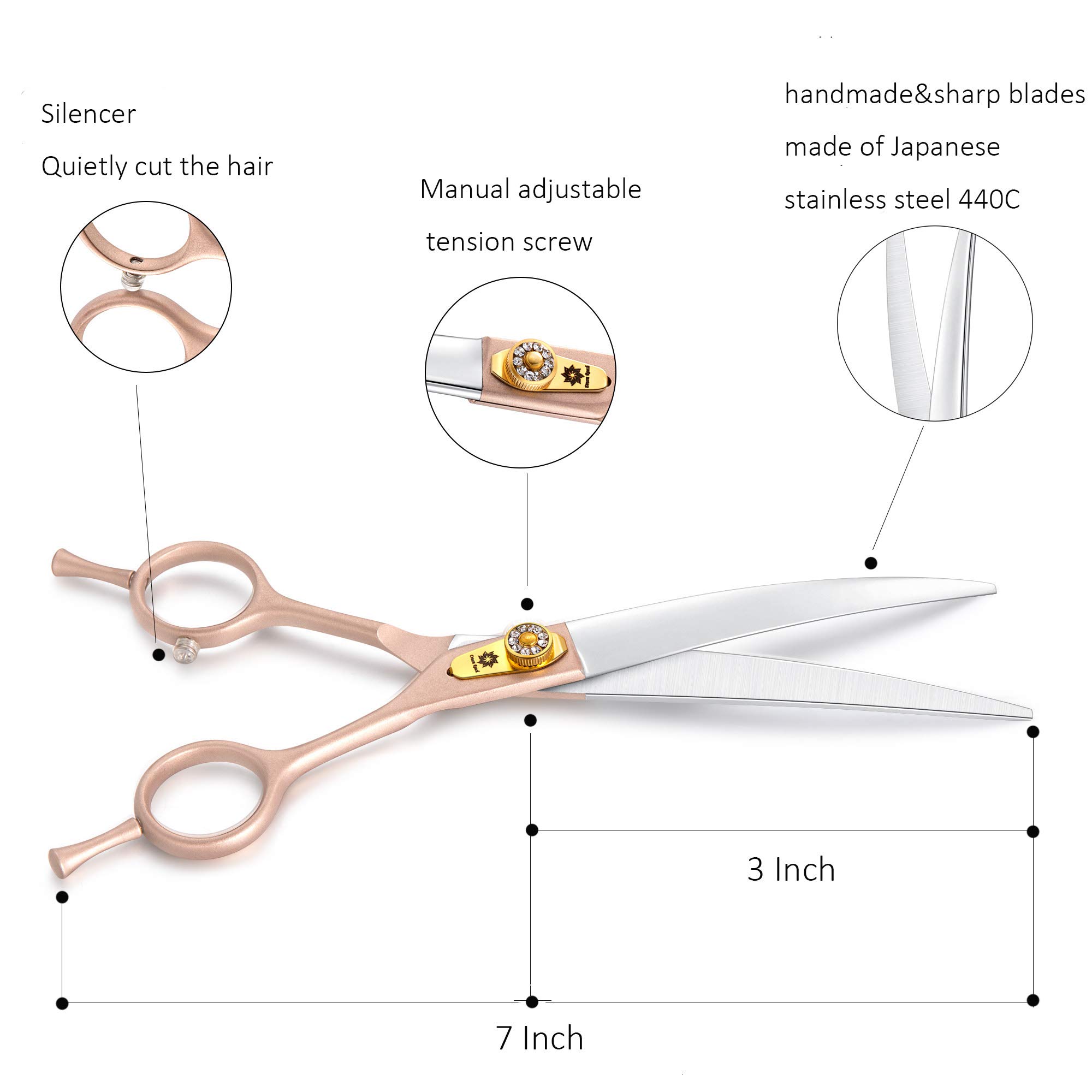7 Inch Professional Pet Grooming Scissors Set - 440C Japanese Stainless Steel Straight, Curved, Thinning & Chunker Shears for Dogs, Cats & Small Animals | Perfect for Home Grooming, Salon Use & Pet Styling (7-Inch Curved Scissors)