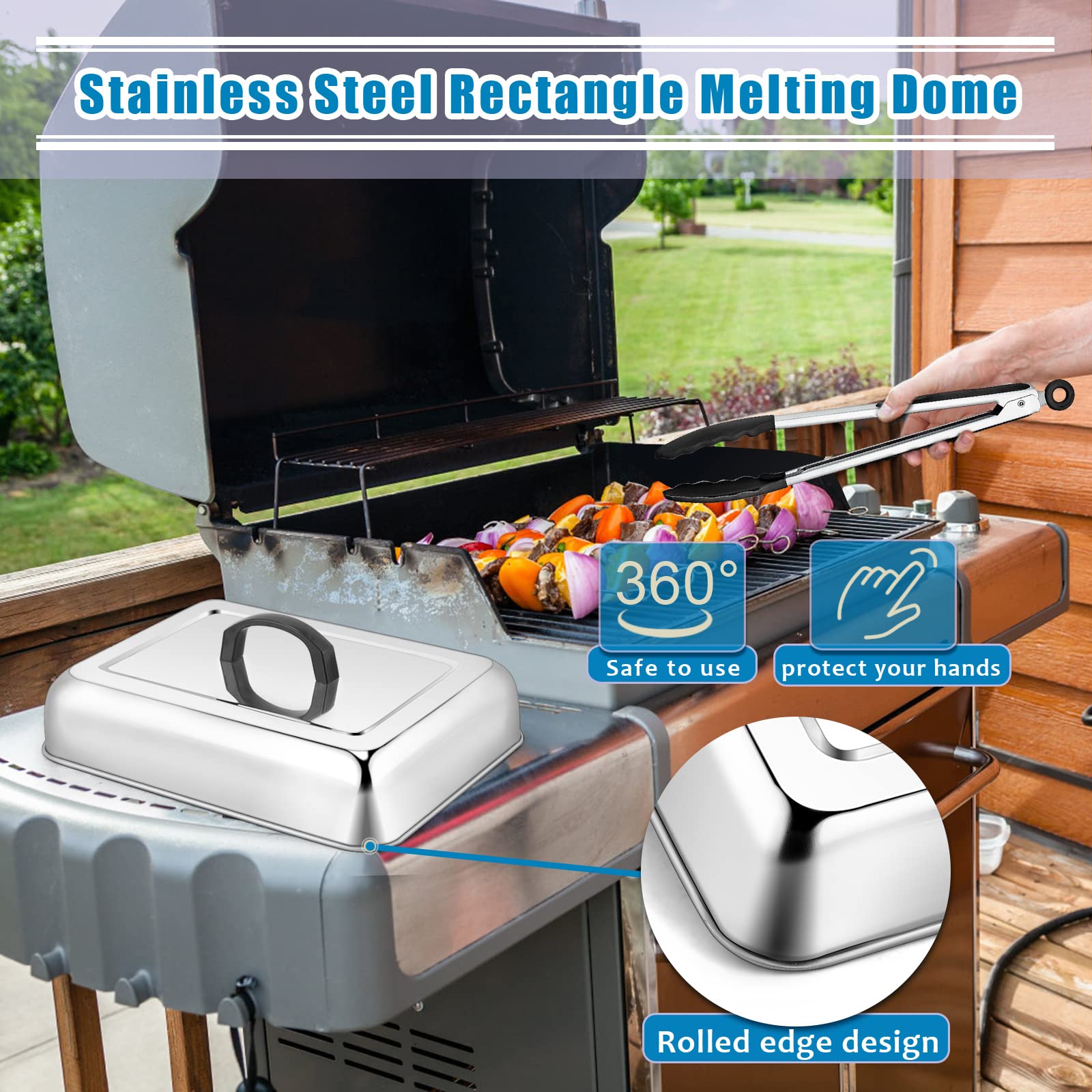 2PCS Stainless Steel Rectangular Basting Cover - Heavy Duty Cheese Melting Dome & Steaming Lid for Griddle Grill - Perfect for Flat Top BBQ, Kitchen & Outdoor Cooking - Dishwasher Safe - Ideal for Melting Cheese, Steaming Veggies & Keeping Food Warm