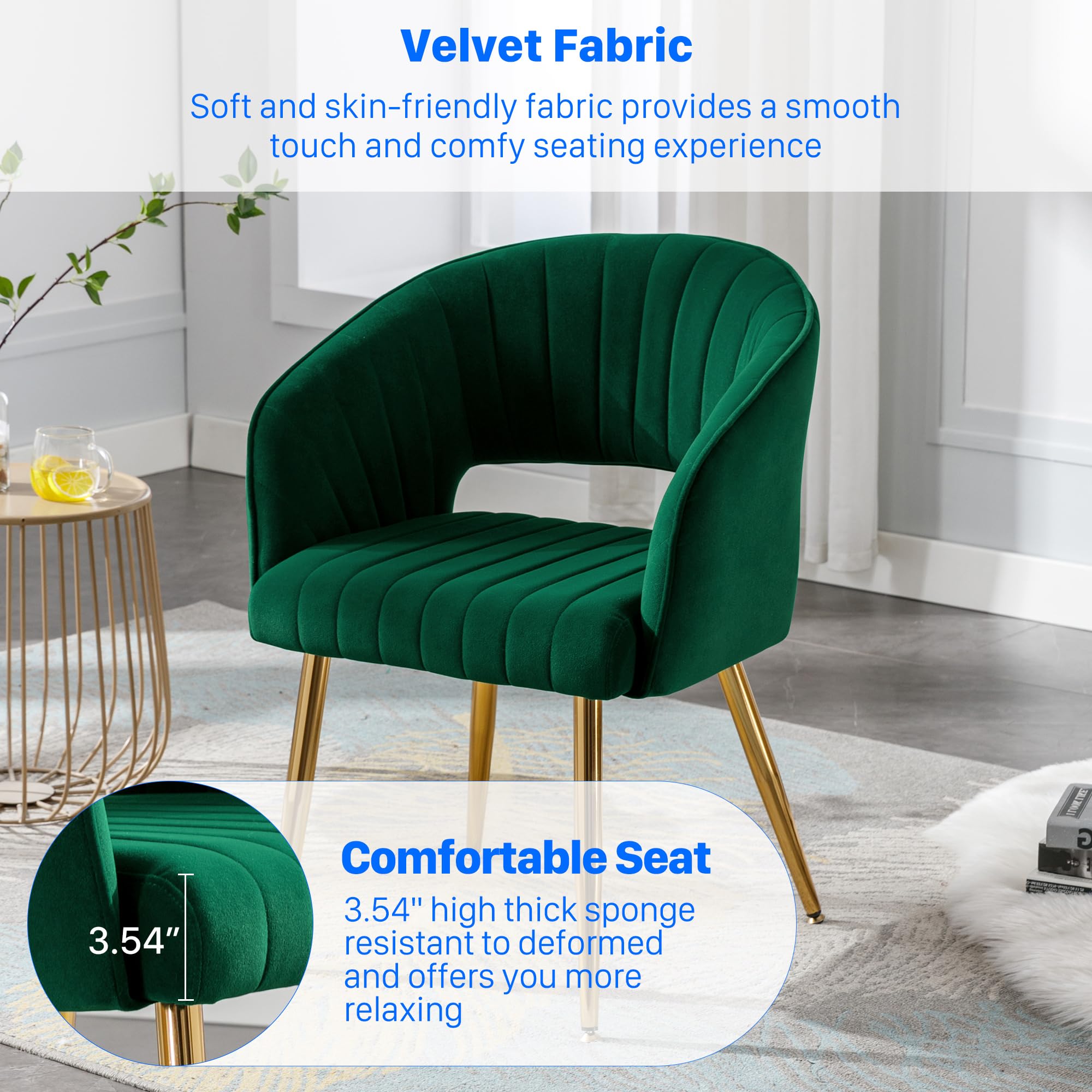 Velvet Desk Chair with Gold Legs - Modern Tufted Home Office Chair for Women, Ergonomic Computer Task Stool, Accent Armchair for Study & Living Room (Green) | Perfect for Remote Work, Gaming & Relaxation