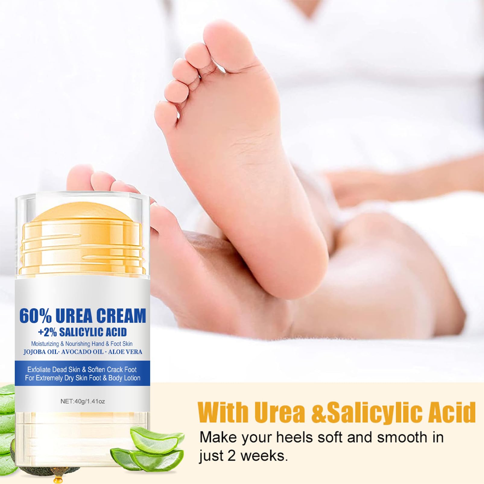 60% Urea + 2% Salicylic Acid Foot Cream for Dry Cracked Heels - Intense Moisturizing Treatment for Feet, Hands, Knees & Elbows - With Aloe Vera & Beeswax - 1.41oz Heel Balm Stick - Perfect for Cracked Skin Repair & Daily Foot Care