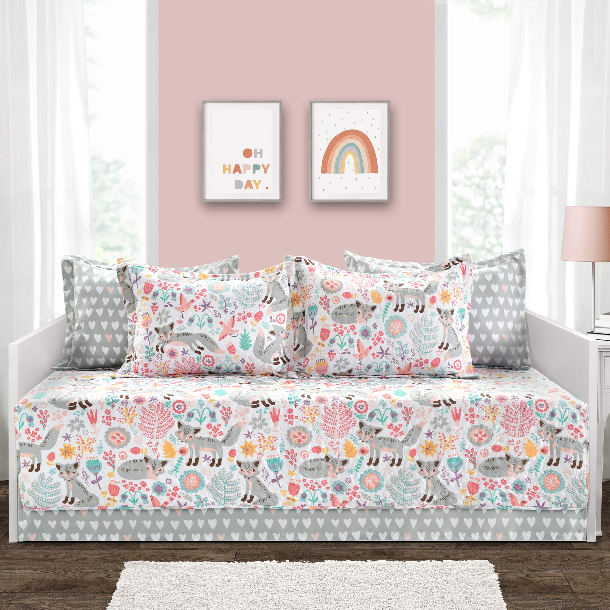 Pixie Fox Daybed Cover Set - 6-Piece Gray & Pink Floral Bedding for Girls - Woodland Kids Room Decor