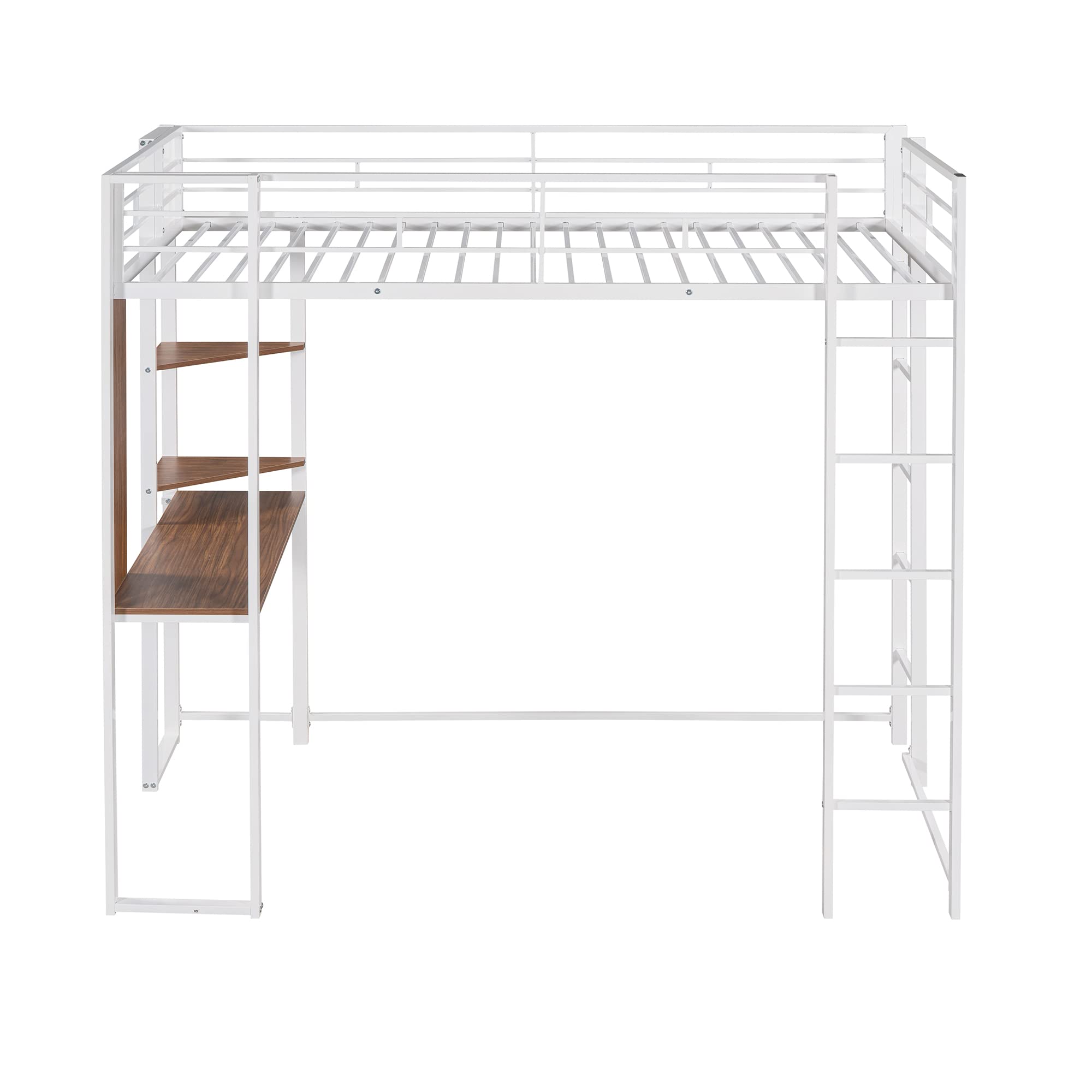Metal Loft Bed with Desk & Shelves - Twin Size Study Bed Frame with Safety Guard Rails & Ladder - Space Saving Kids Furniture with Under-Bed Storage - Perfect for Small Bedrooms & Dorm Rooms (White)