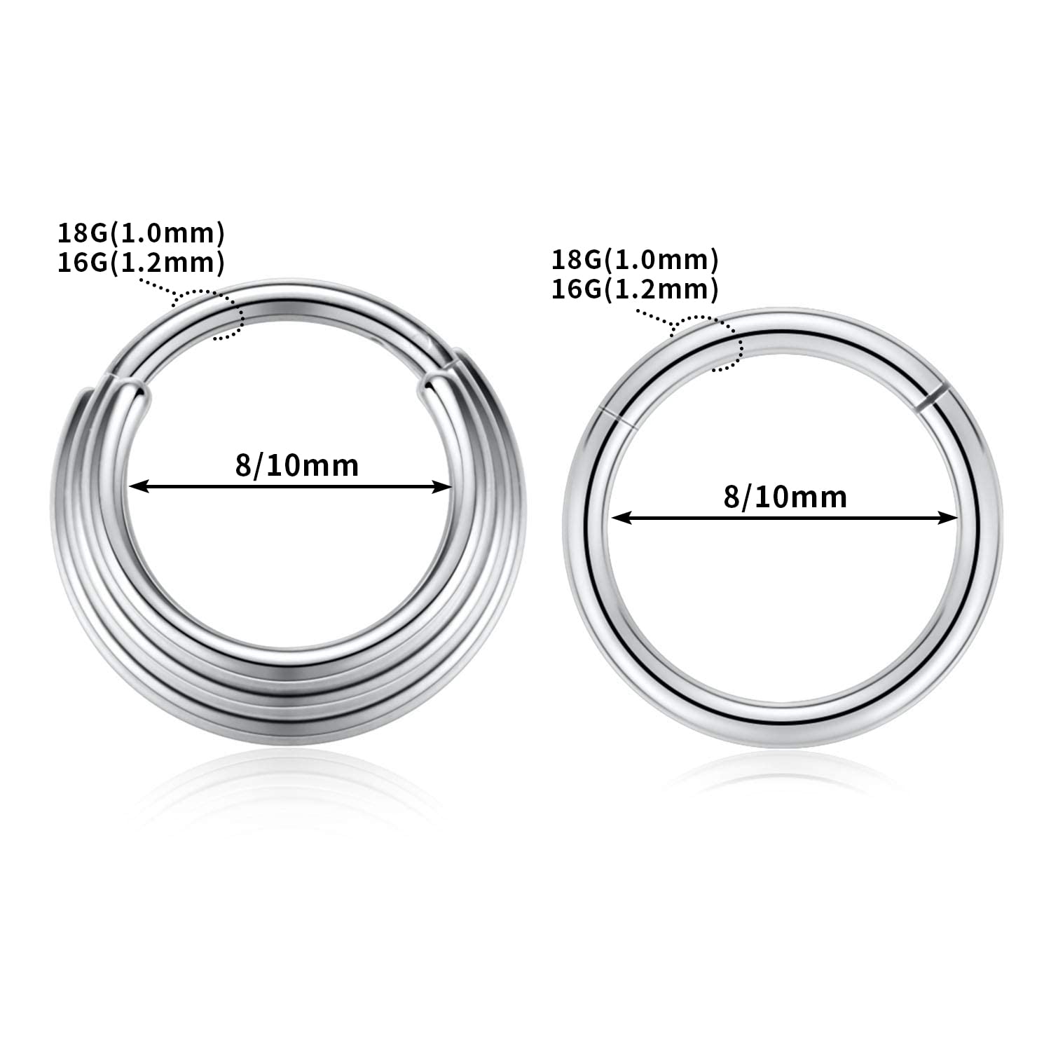 PEAKLINK 16G Septum Hoop Earrings - 316L Surgical Steel Clicker Nose Ring - 2PCS Seamless Tragus, Helix, Rook, Conch, Daith, Cartilage & Lobe Piercing Jewelry - 8mm & 10mm - Perfect for Everyday Wear & Special Occasions