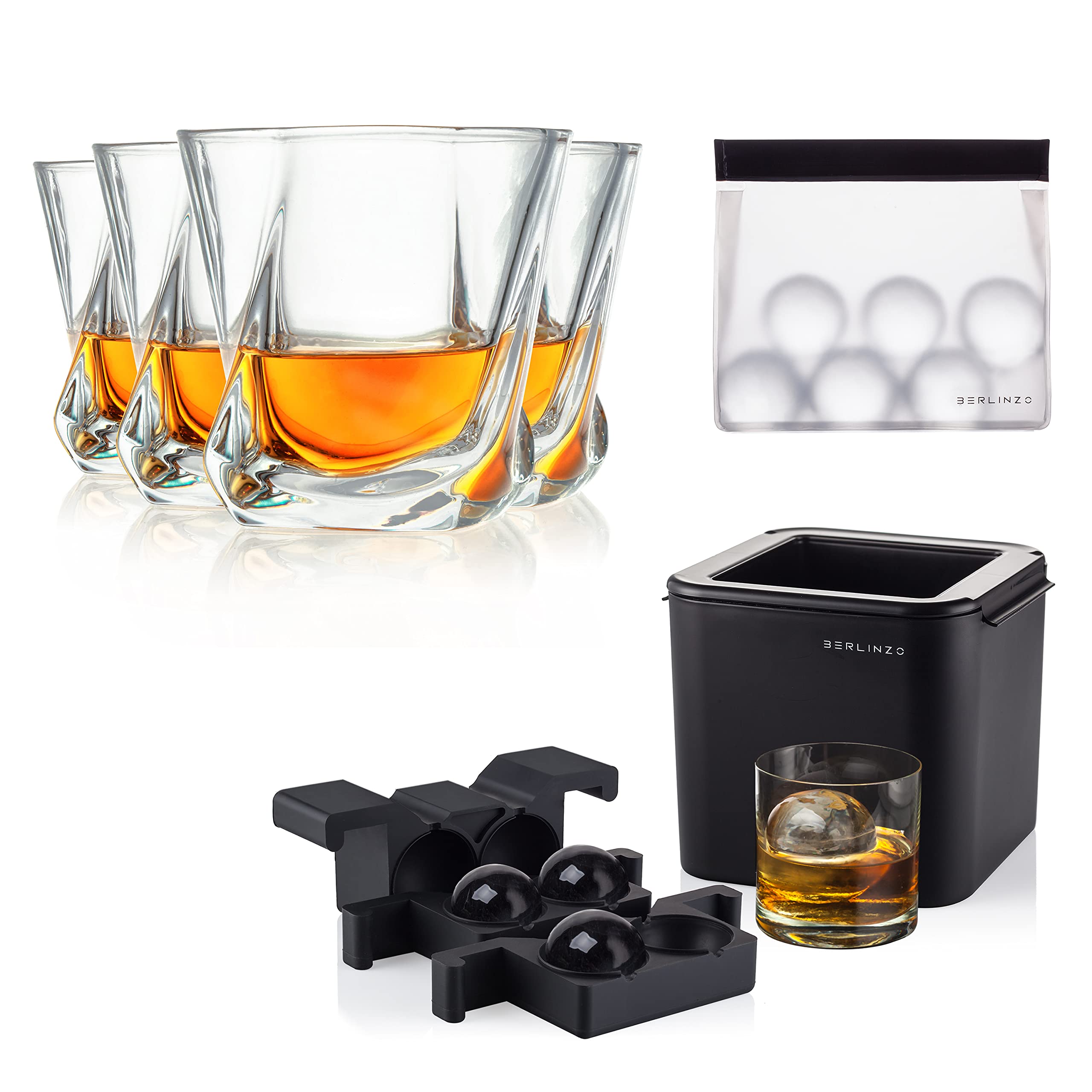 BERLINZO Premium Clear Ice Ball Maker Mold with 4 Whiskey Glasses Set - 2.4 Inch Large Ice Sphere Maker for Bourbon, Scotch & Cocktails - Perfect Home Bar Accessories for Gifts & Entertaining