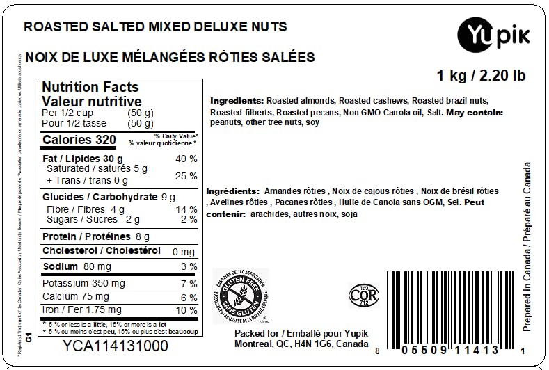 Yupik Roasted Salted Nut Mix 1kg - Vegan, Gluten Free Healthy Snacks for Office & Travel