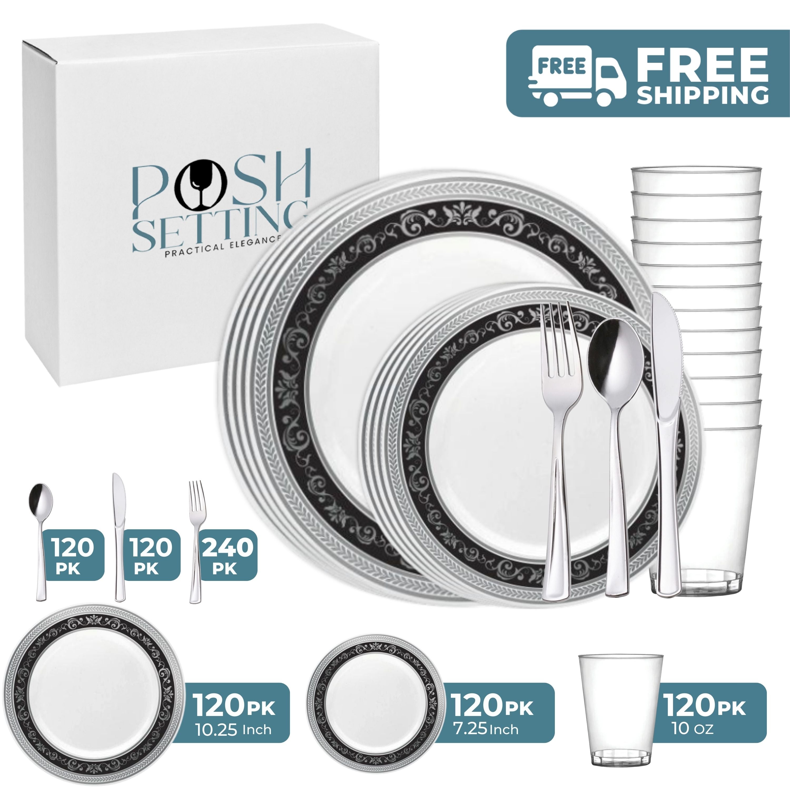White and Silver/Black Plastic Party Bundle Royal - Elegant Disposable Tableware for Weddings, Birthdays & Special Events